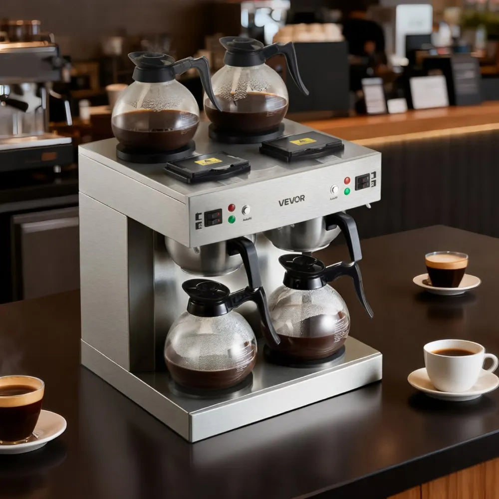VEVOR Commercial Drip Coffee Maker, 24 Cups Coffee-Maker Machine with 4 Glass Carafes and 4 Decanter Warmer Plates, Stainless Steel Dual-Head Coffee Brewer, for Restaurant, Office, Coffee Shop & Home 