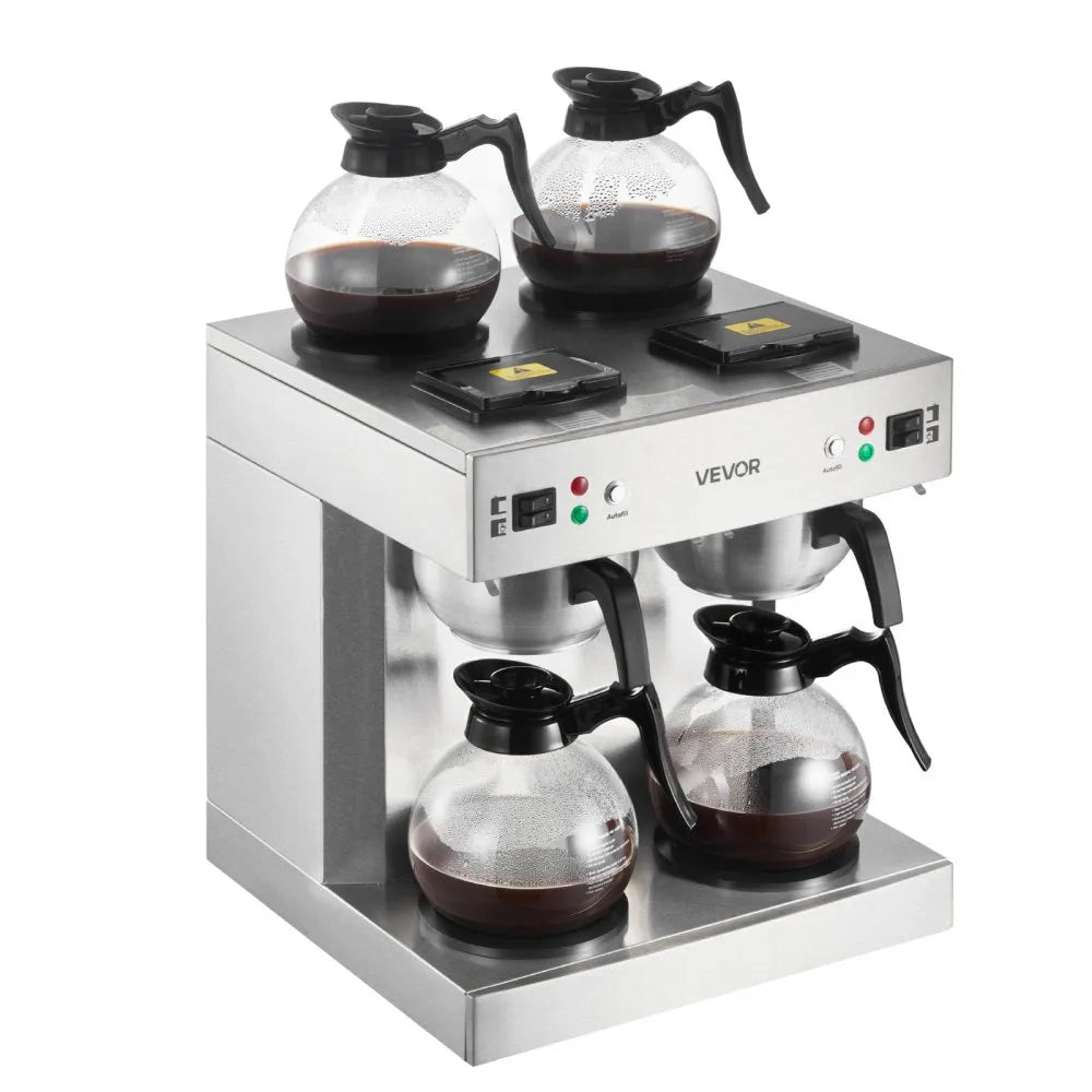 VEVOR Commercial Drip Coffee Maker, 24 Cups Coffee-Maker Machine with 4 Glass Carafes and 4 Decanter Warmer Plates, Stainless Steel Dual-Head Coffee Brewer, for Restaurant, Office, Coffee Shop & Home 