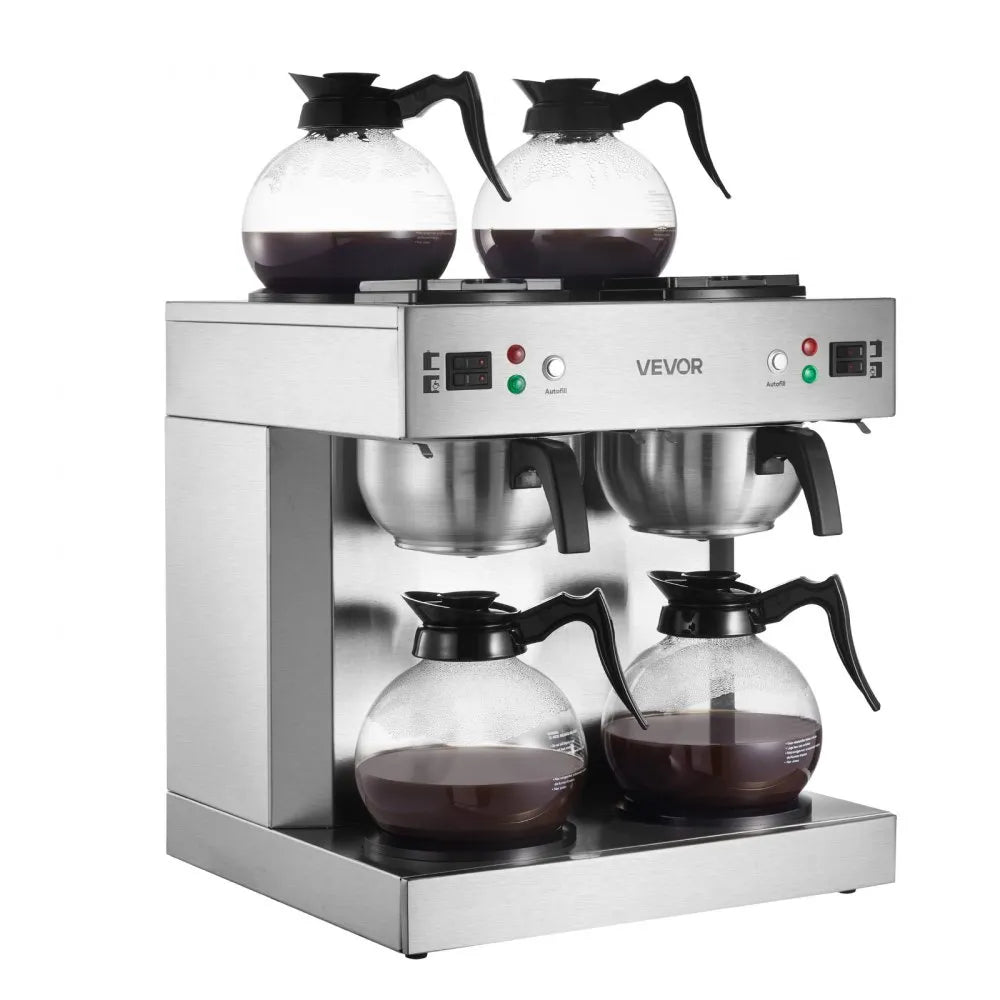 VEVOR Commercial Drip Coffee Maker, 24 Cups Coffee-Maker Machine with 4 Glass Carafes and 4 Decanter Warmer Plates, Stainless Steel Dual-Head Coffee Brewer, for Restaurant, Office, Coffee Shop & Home 