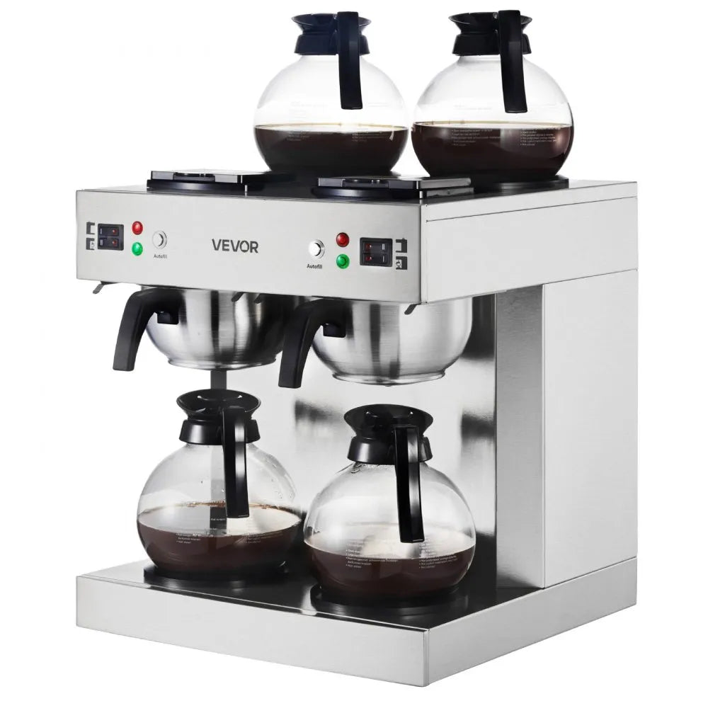 VEVOR Commercial Drip Coffee Maker, 24 Cups Coffee-Maker Machine with 4 Glass Carafes and 4 Decanter Warmer Plates, Stainless Steel Dual-Head Coffee Brewer, for Restaurant, Office, Coffee Shop & Home 