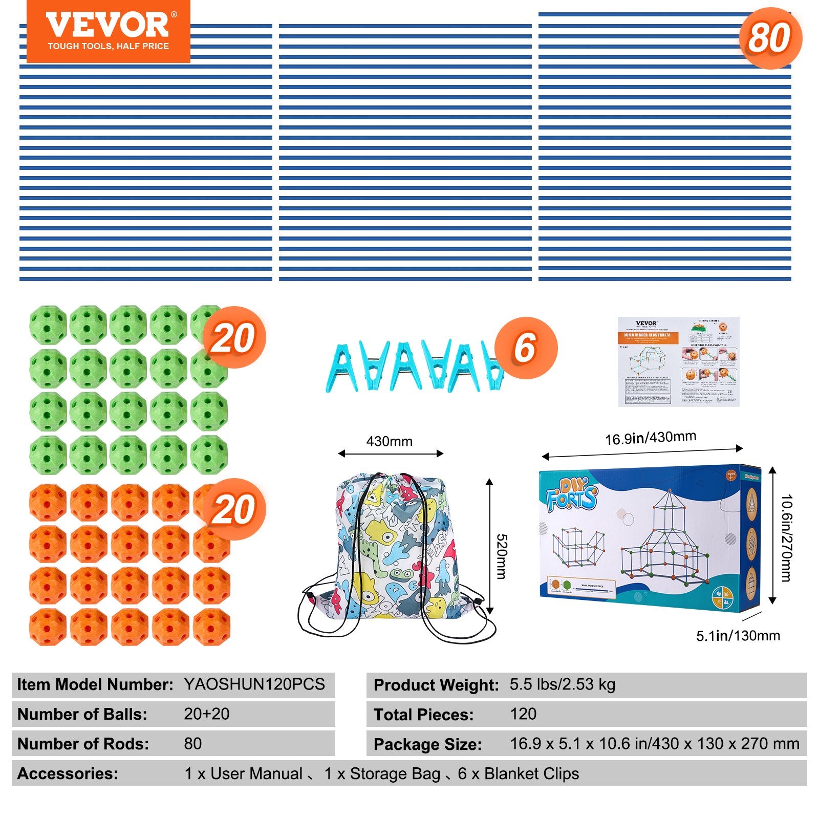 VEVOR Tent Fort Building Kit for Kids STEM Construction Toy Set Castle 120PCS 
