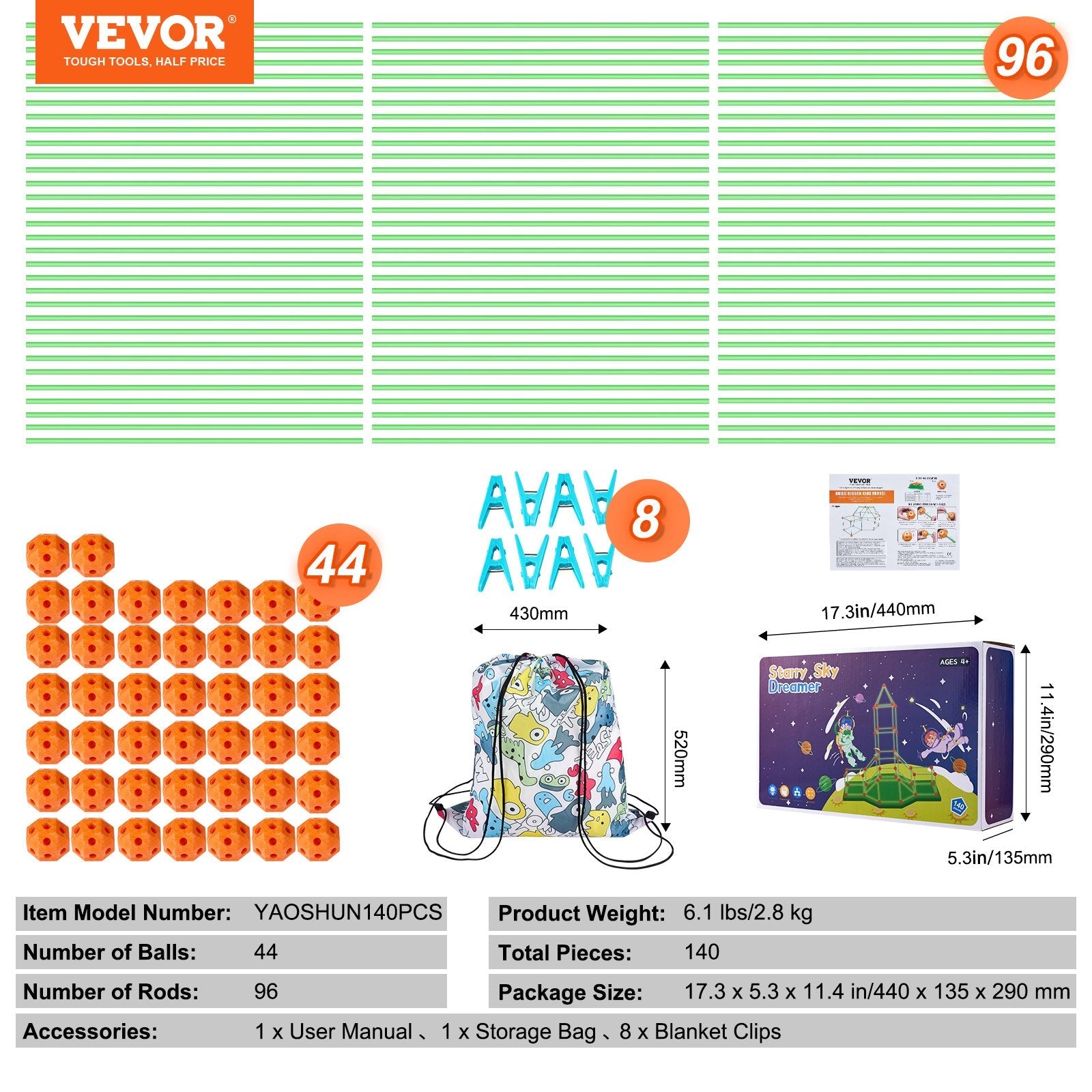 VEVOR Tent Fort Building Kit for Kid Glow In The Dark STEM Construction Toy 140P 