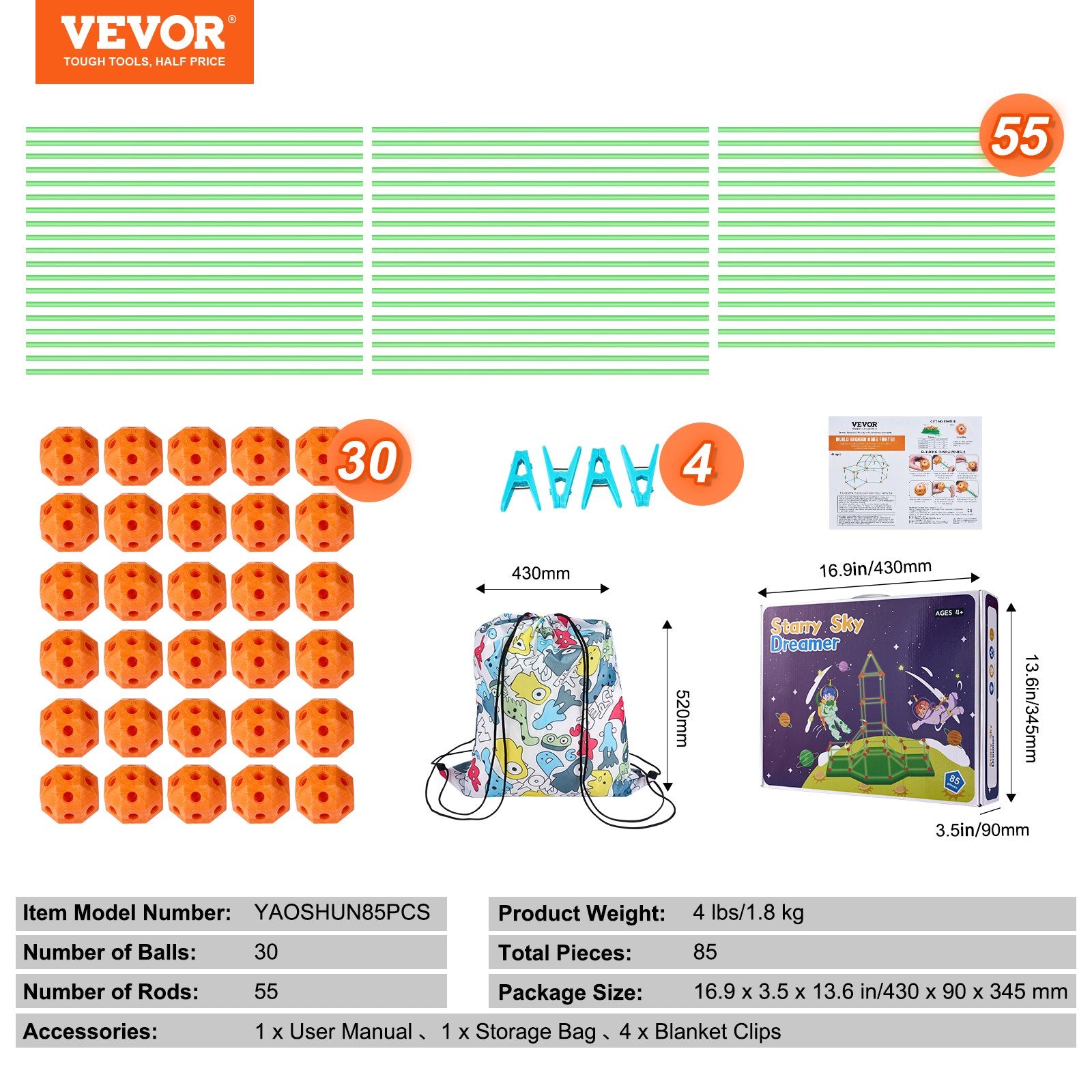 VEVOR Tent Fort Building Kit for Kids Glow In The Dark STEM Construction Toy 85P 