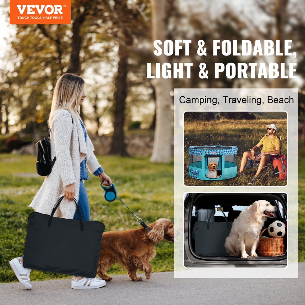 VEVOR Foldable Pet Playpen, 44'' x 44'' x 24'' Portable Dog Playpen, Crate Kennel for Puppy, Dog, Cat, Waterproof 600D Oxford Cloth, Removable Zipper, for Indoor Outdoor Travel Camping (Round, L) 