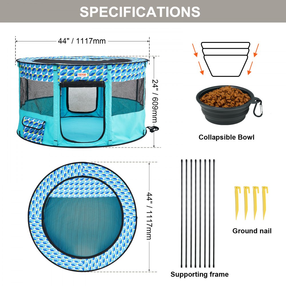 VEVOR Foldable Pet Playpen, 44'' x 44'' x 24'' Portable Dog Playpen, Crate Kennel for Puppy, Dog, Cat, Waterproof 600D Oxford Cloth, Removable Zipper, for Indoor Outdoor Travel Camping (Round, L) 