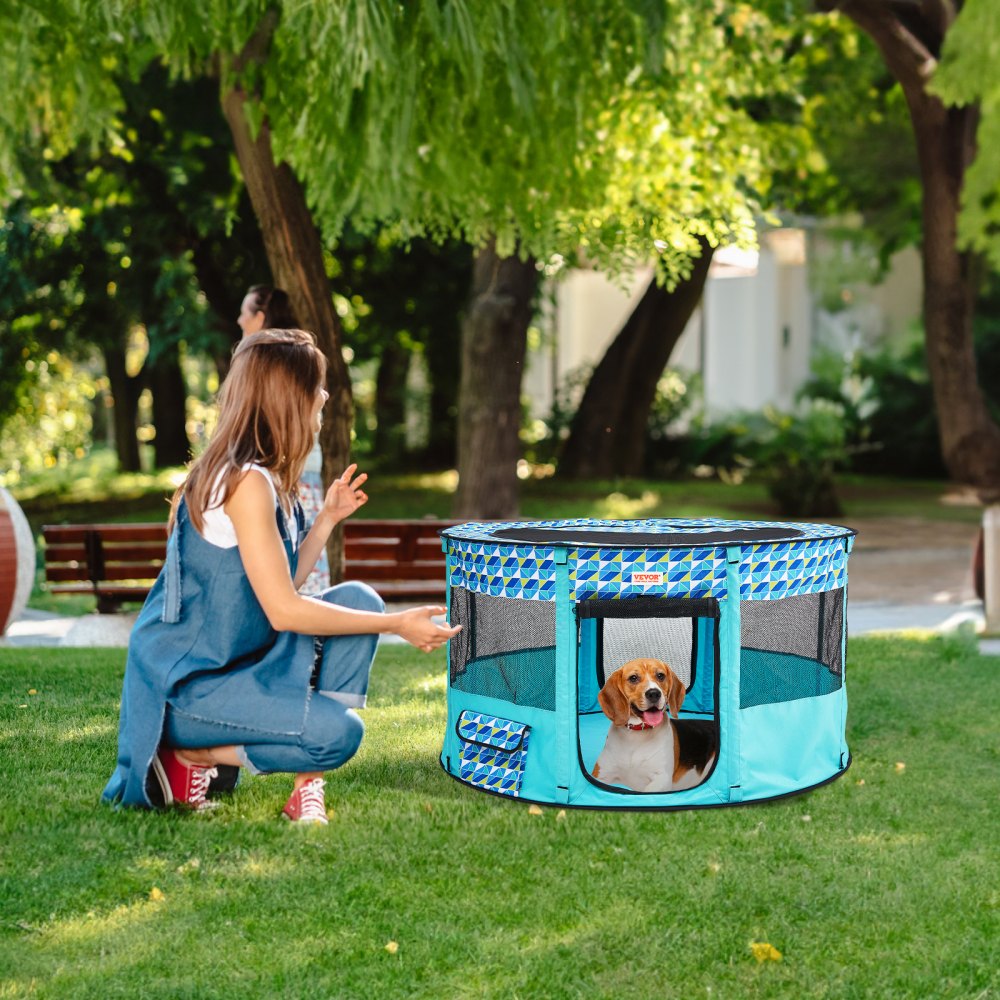 VEVOR Foldable Pet Playpen, 44'' x 44'' x 24'' Portable Dog Playpen, Crate Kennel for Puppy, Dog, Cat, Waterproof 600D Oxford Cloth, Removable Zipper, for Indoor Outdoor Travel Camping (Round, L) 