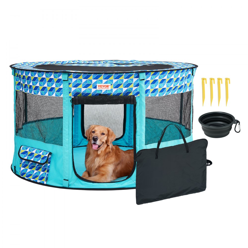 VEVOR Foldable Pet Playpen, 44'' x 44'' x 24'' Portable Dog Playpen, Crate Kennel for Puppy, Dog, Cat, Waterproof 600D Oxford Cloth, Removable Zipper, for Indoor Outdoor Travel Camping (Round, L) 