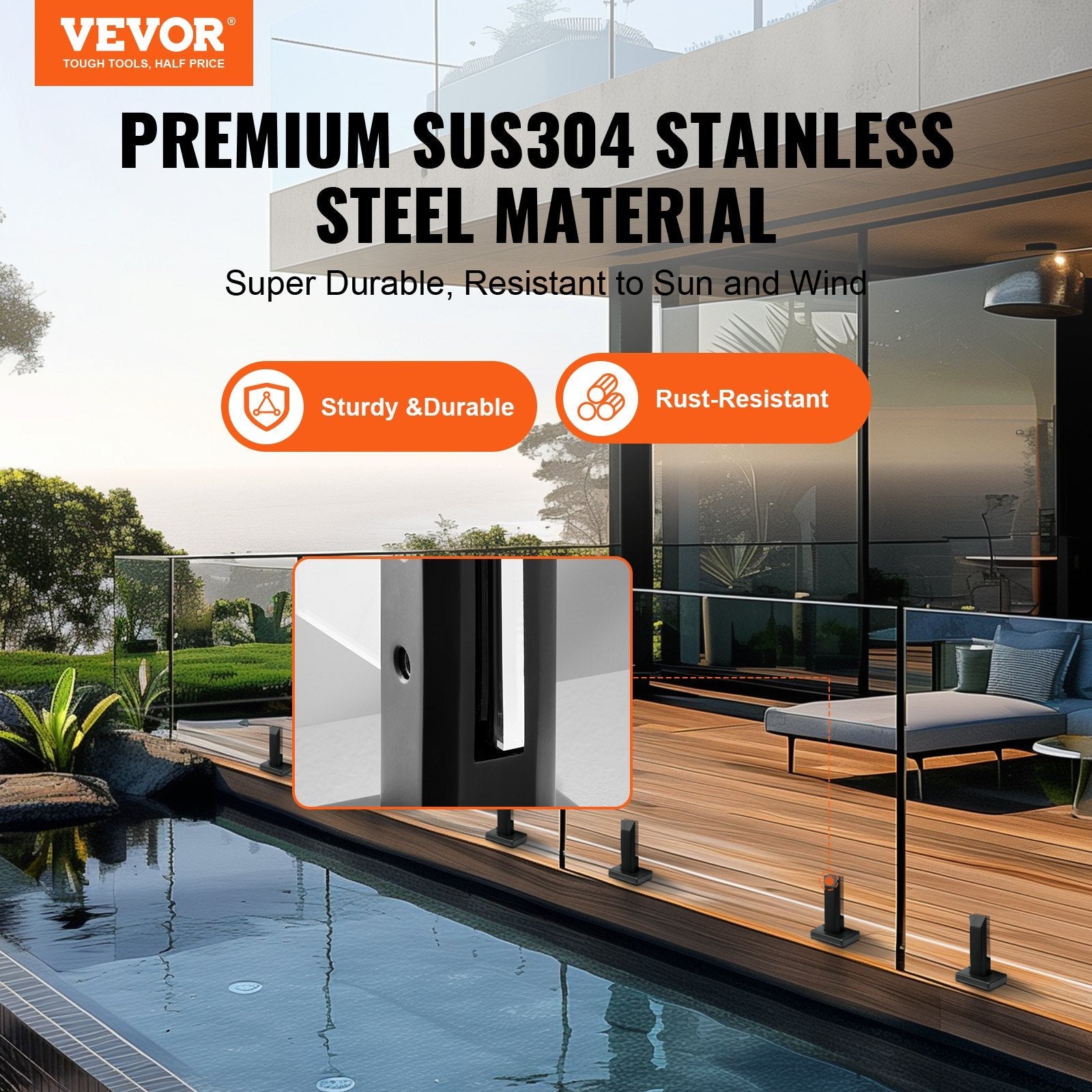 VEVOR Glass Clamp, 10 PCS Square Glass Railing Bracket for 0.31 "-0.47 " Tempered Glass, 304 Stainless Steel Glass Mounting Clamp, 0.12” Thick Glass Shelf Bracket for Balcony, Garden, Deck, Stair 