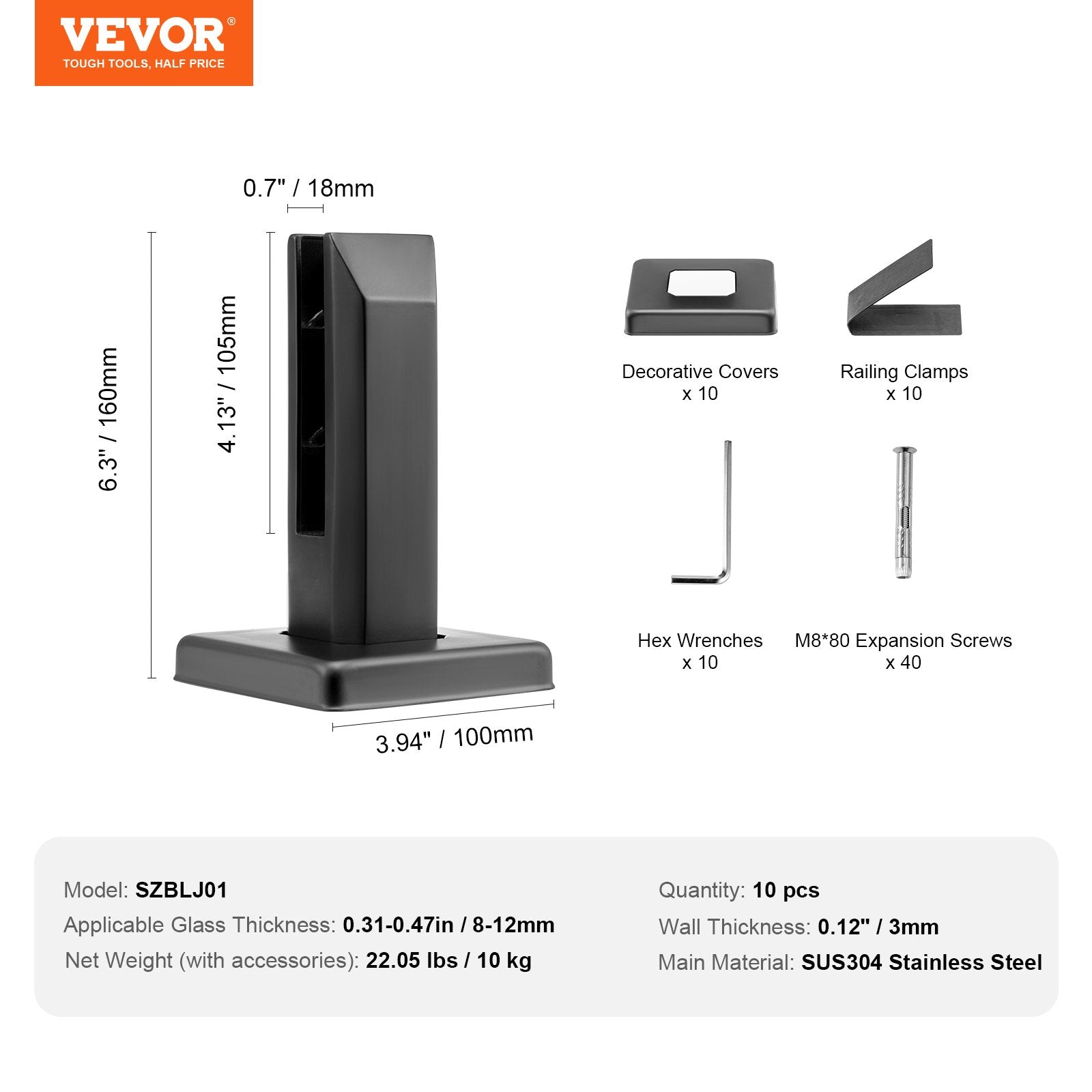 VEVOR Glass Clamp, 10 PCS Square Glass Railing Bracket for 0.31 "-0.47 " Tempered Glass, 304 Stainless Steel Glass Mounting Clamp, 0.12” Thick Glass Shelf Bracket for Balcony, Garden, Deck, Stair 