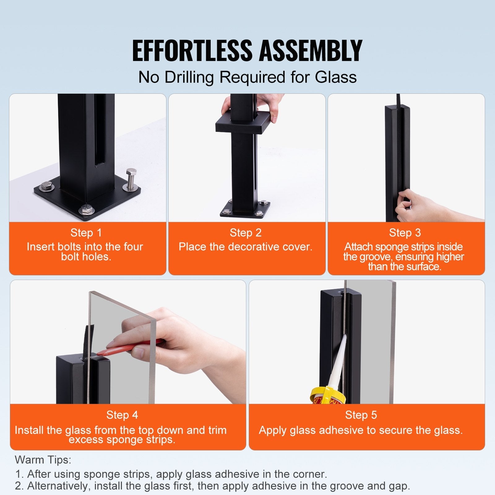 VEVOR Glass Clamp, 41.34" Height Glass Railing Bracket for 0.39 "-0.47 " Thickness Tempered Glass, 304 Stainless Steel Glass Mounting Clamp, Glass Shelf Bracket for Balcony, Garden, Deck, Stair, Black 