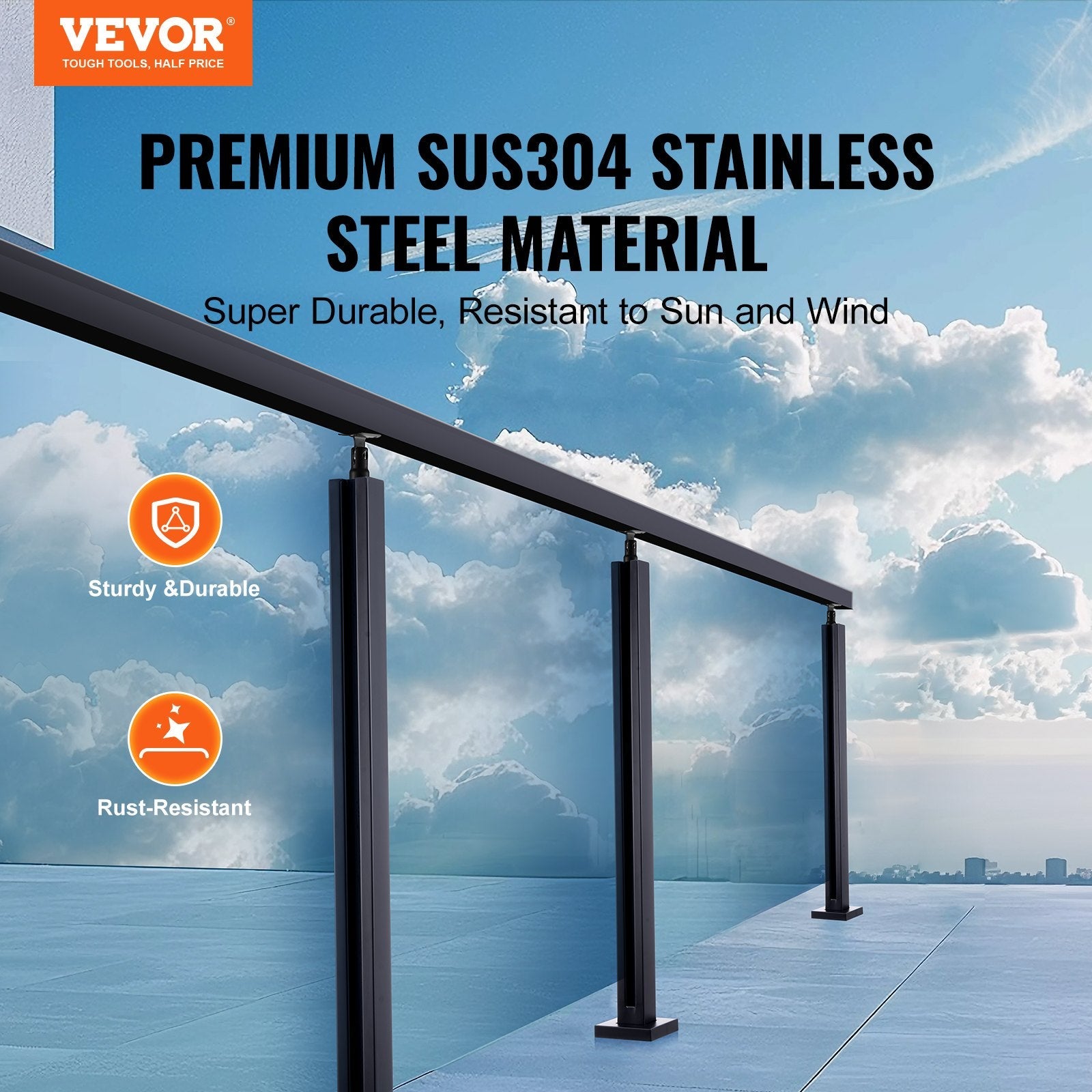VEVOR Glass Clamp, 35.83" Height Glass Railing Bracket for 0.39 "-0.47 " Thickness Tempered Glass, 304 Stainless Steel Glass Mounting Clamp, Glass Shelf Bracket for Balcony, Garden, Deck, Stair, Black 