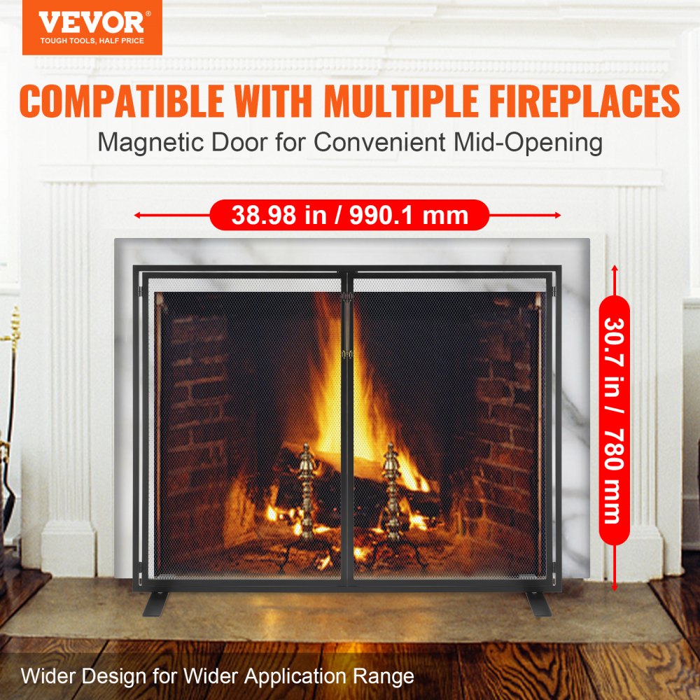 VEVOR Fireplace Screen 1 Panel with Door, Sturdy Iron Mesh Fireplace Screen, 38.98"(L) x30.7"(H) Spark Guard Cover, Simple Installation, Free Standing Fire Fence Grate for Living Room Home Decor Moder 