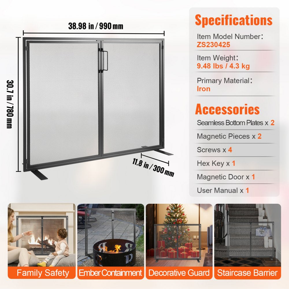 VEVOR Fireplace Screen 1 Panel with Door, Sturdy Iron Mesh Fireplace Screen, 38.98"(L) x30.7"(H) Spark Guard Cover, Simple Installation, Free Standing Fire Fence Grate for Living Room Home Decor Moder 