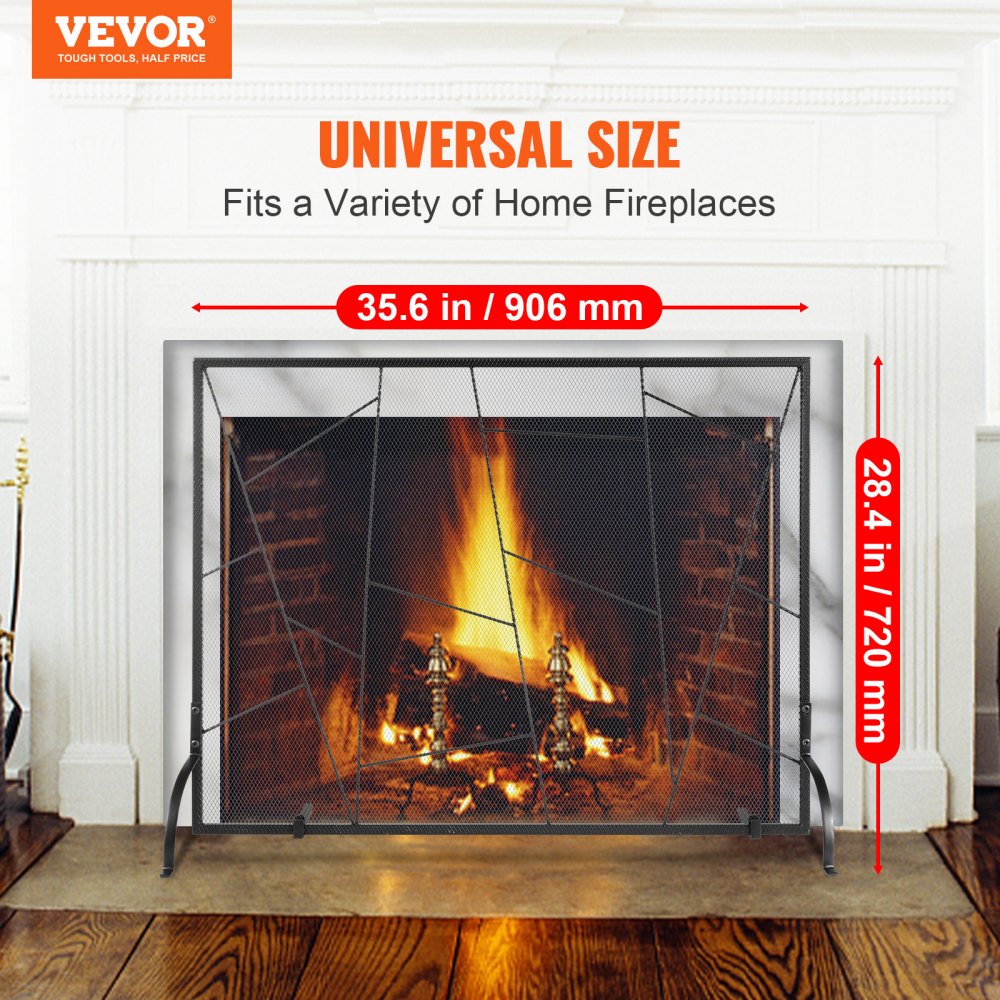 VEVOR Fireplace Screen Single Panel, Sturdy Iron Mesh Fireplace Screen, 35.6"(L) x28.4"(H) Spark Guard Cover, Simple Installation, Free Standing Fire Fence Grate for Living Room Home Decor Modern 