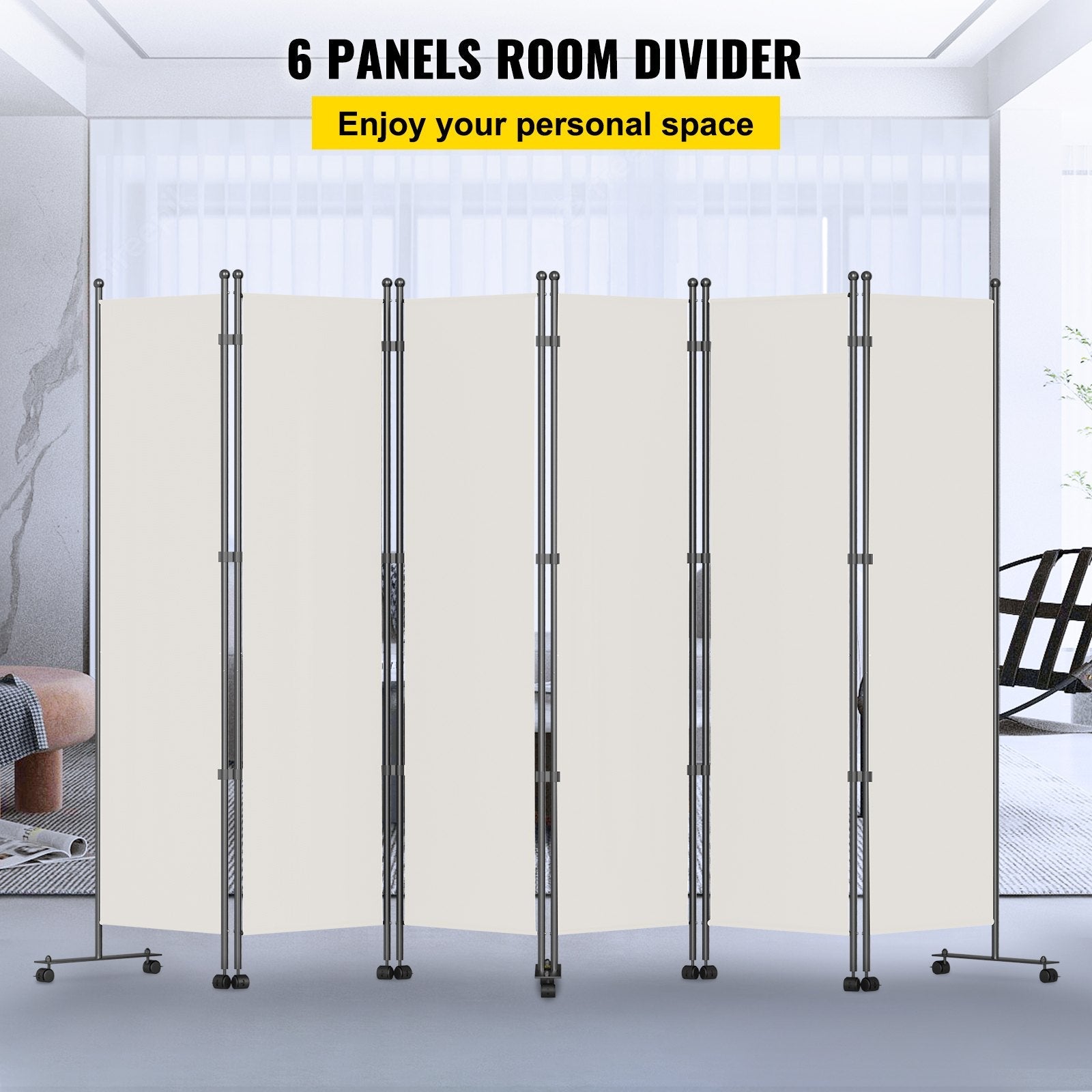 VEVOR 6 Panel Room Divider, 6 FT Tall, Freestanding & Folding Privacy Screen w/ Swivel Casters & Aluminum Alloy Frame, Oxford Bag Included, Room Partition for Office Home, 121" W x 14" D x 73"H, White 