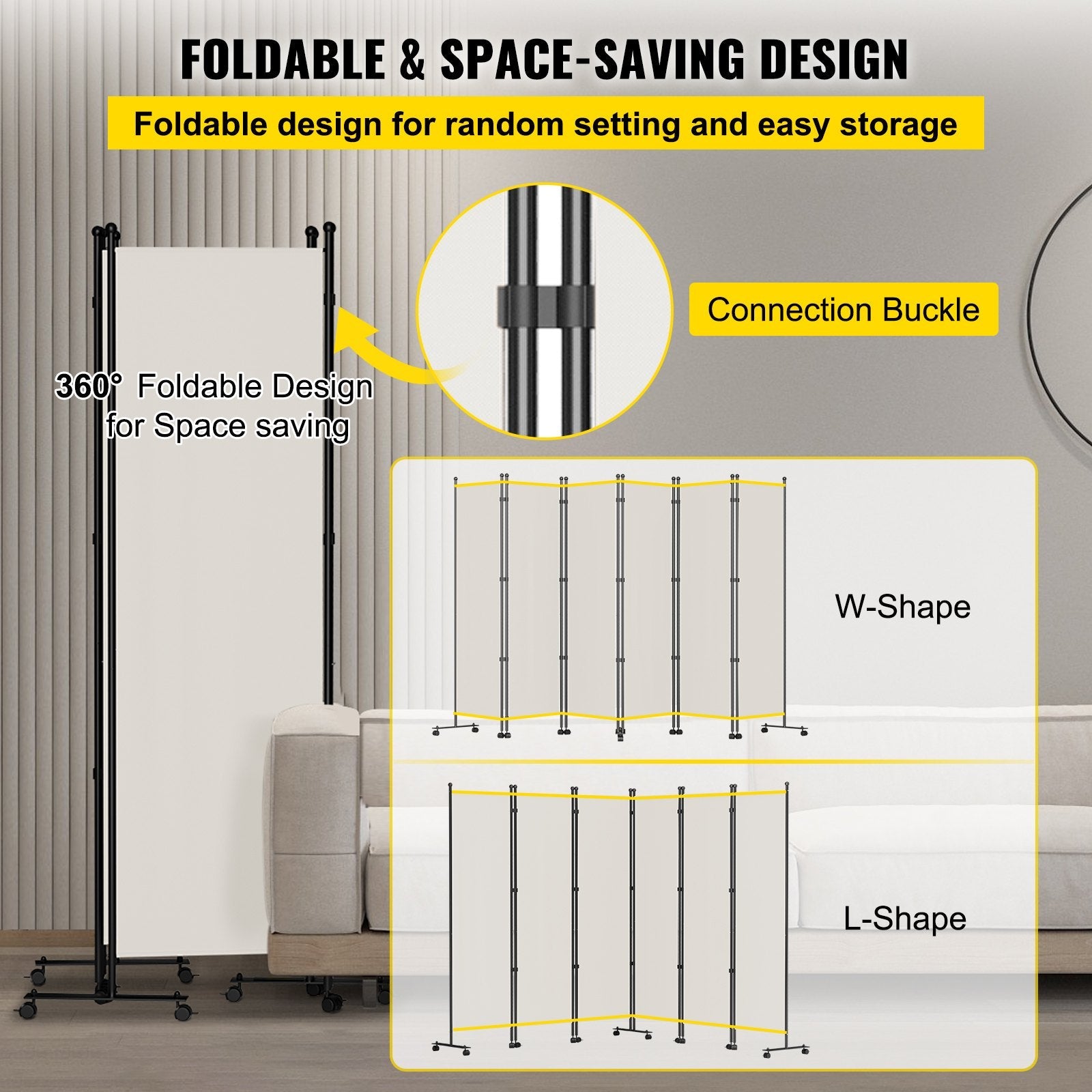 VEVOR 6 Panel Room Divider, 6 FT Tall, Freestanding & Folding Privacy Screen w/ Swivel Casters & Aluminum Alloy Frame, Oxford Bag Included, Room Partition for Office Home, 121" W x 14" D x 73"H, White 