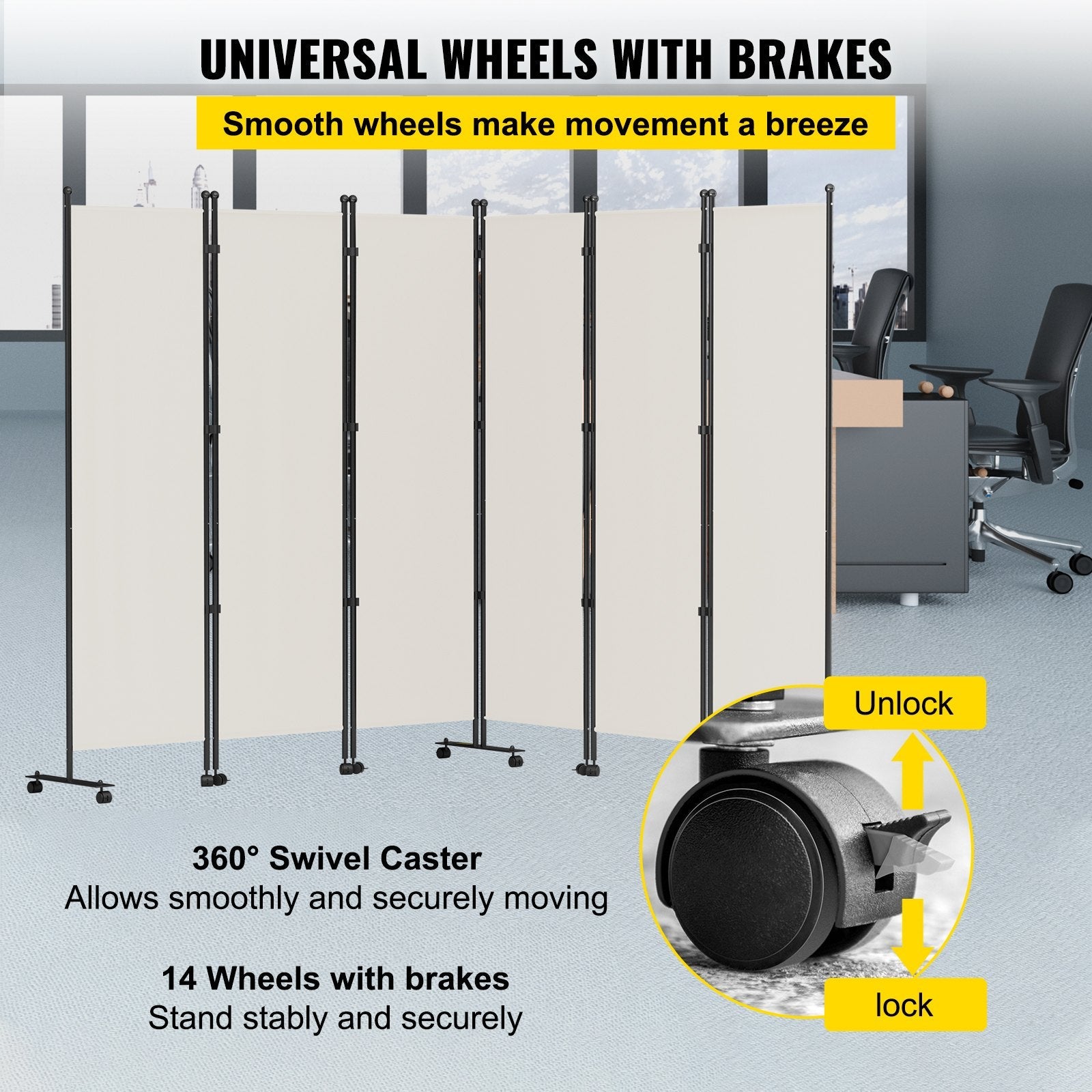 VEVOR 6 Panel Room Divider, 6 FT Tall, Freestanding & Folding Privacy Screen w/ Swivel Casters & Aluminum Alloy Frame, Oxford Bag Included, Room Partition for Office Home, 121" W x 14" D x 73"H, White 