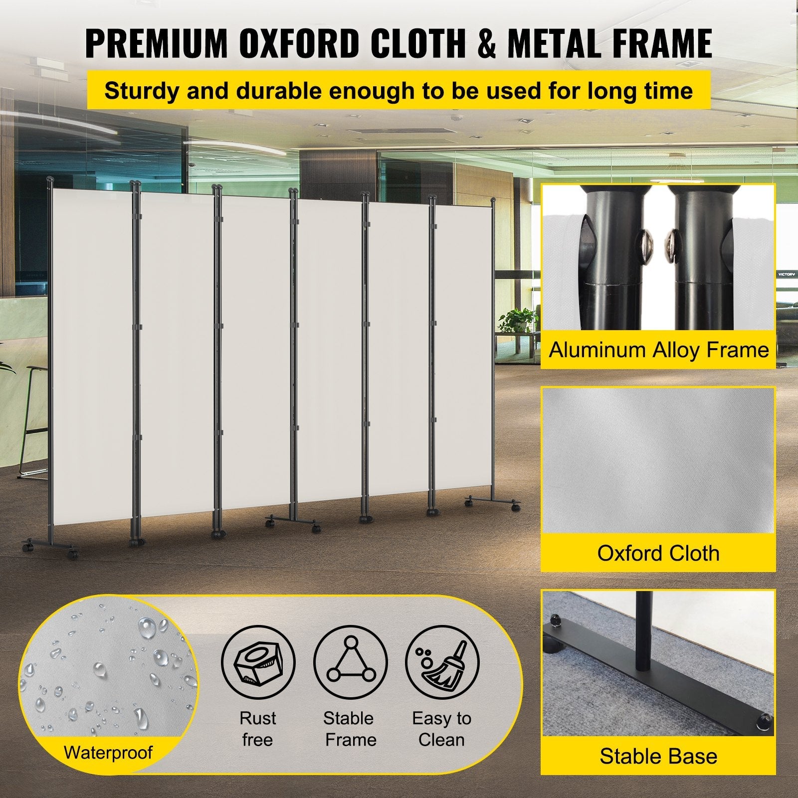 VEVOR 6 Panel Room Divider, 6 FT Tall, Freestanding & Folding Privacy Screen w/ Swivel Casters & Aluminum Alloy Frame, Oxford Bag Included, Room Partition for Office Home, 121" W x 14" D x 73"H, White 