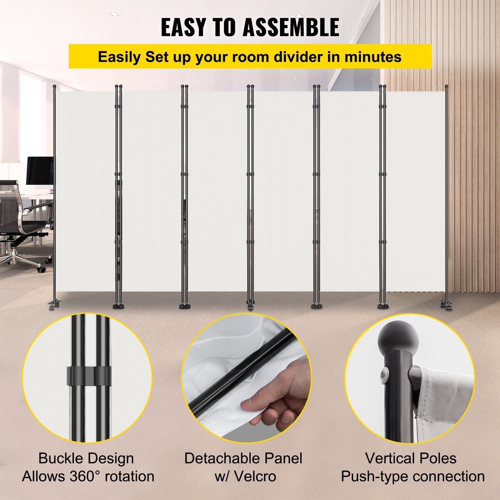 VEVOR 6 Panel Room Divider, 6 FT Tall, Freestanding & Folding Privacy Screen w/ Swivel Casters & Aluminum Alloy Frame, Oxford Bag Included, Room Partition for Office Home, 121" W x 14" D x 73"H, White 