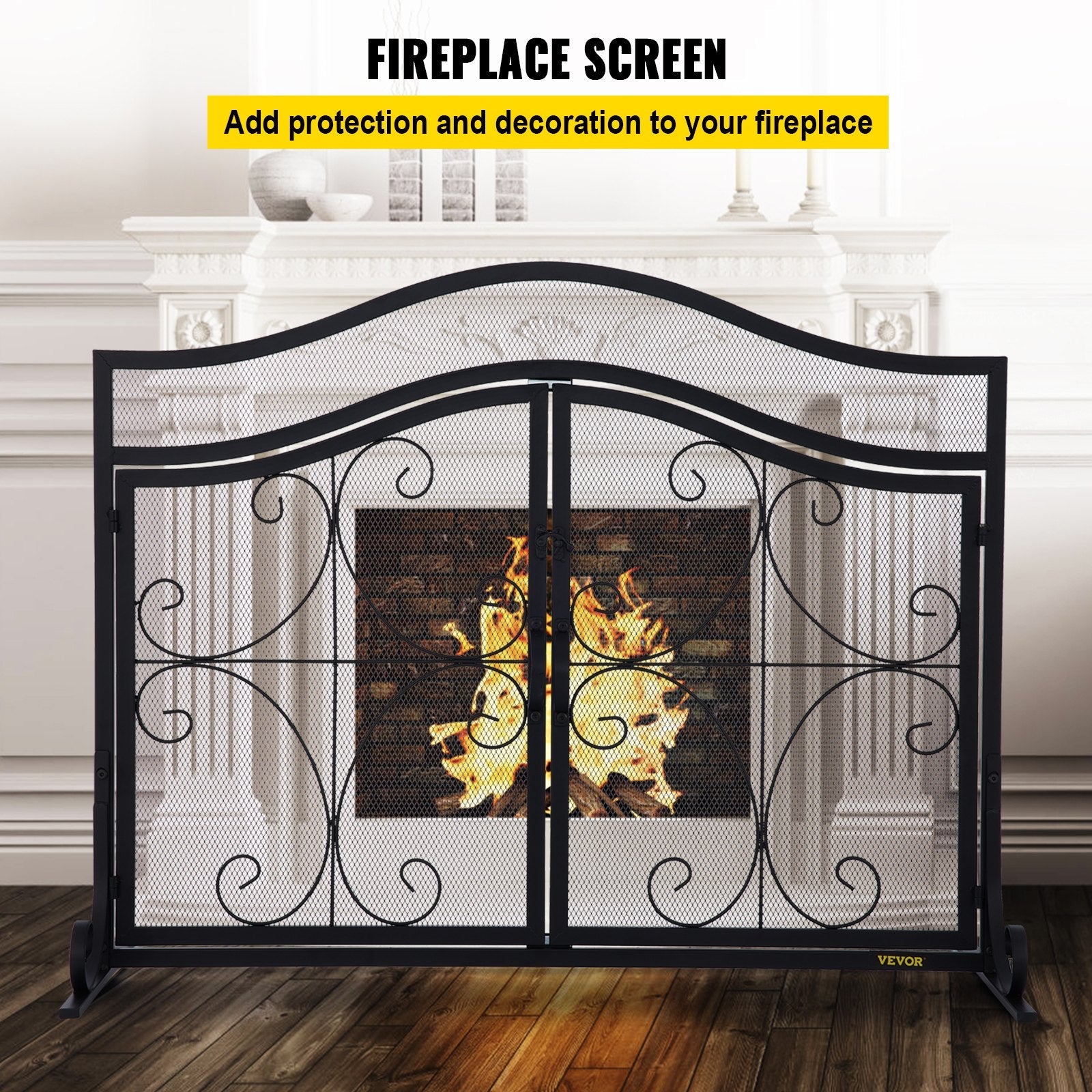 VEVOR Fireplace Screen, 39 x 26.6 Inch, Double Door Iron Freestanding Spark Guard with Support, Metal Mesh Craft, Broom Tong Shovel Poker Included for Fireplace Decoration & Protection, Black 