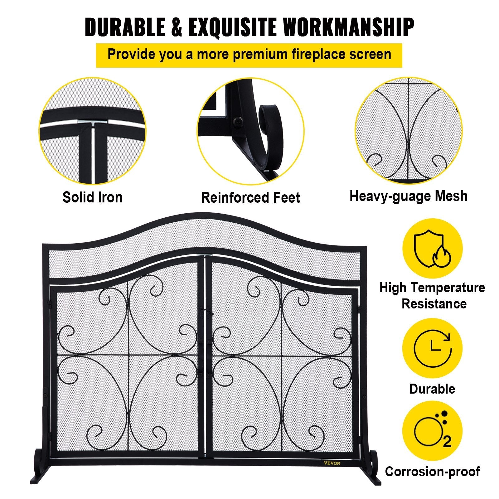 VEVOR Fireplace Screen, 39 x 26.6 Inch, Double Door Iron Freestanding Spark Guard with Support, Metal Mesh Craft, Broom Tong Shovel Poker Included for Fireplace Decoration & Protection, Black 