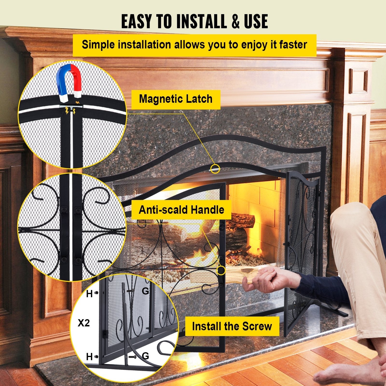 VEVOR Fireplace Screen, 39 x 26.6 Inch, Double Door Iron Freestanding Spark Guard with Support, Metal Mesh Craft, Broom Tong Shovel Poker Included for Fireplace Decoration & Protection, Black 