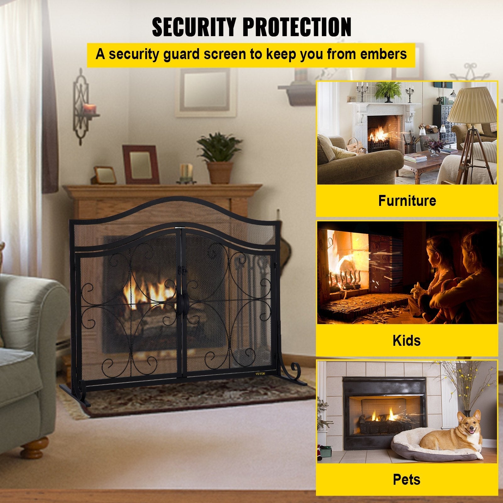 VEVOR Fireplace Screen, 39 x 26.6 Inch, Double Door Iron Freestanding Spark Guard with Support, Metal Mesh Craft, Broom Tong Shovel Poker Included for Fireplace Decoration & Protection, Black 