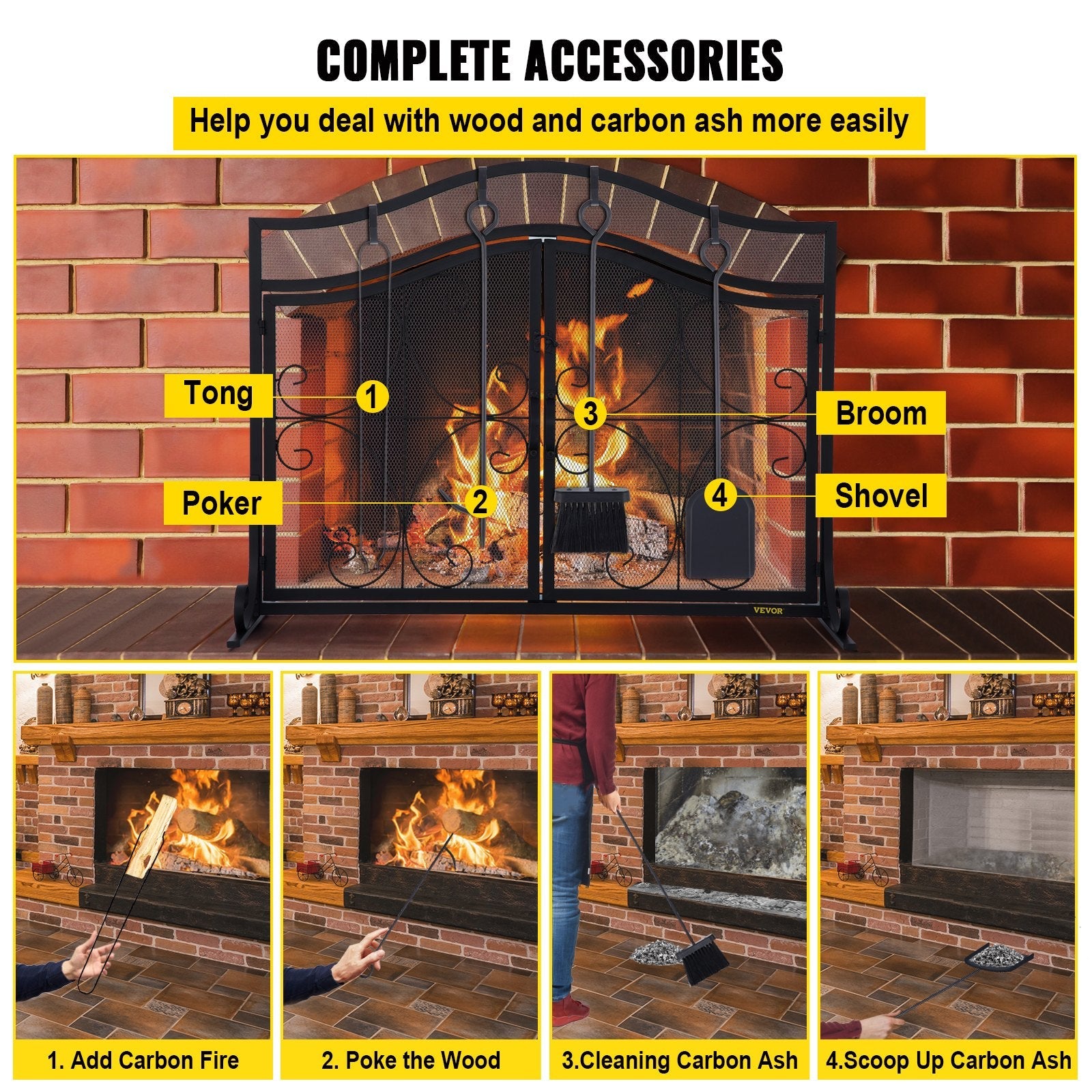 VEVOR Fireplace Screen, 39 x 26.6 Inch, Double Door Iron Freestanding Spark Guard with Support, Metal Mesh Craft, Broom Tong Shovel Poker Included for Fireplace Decoration & Protection, Black 