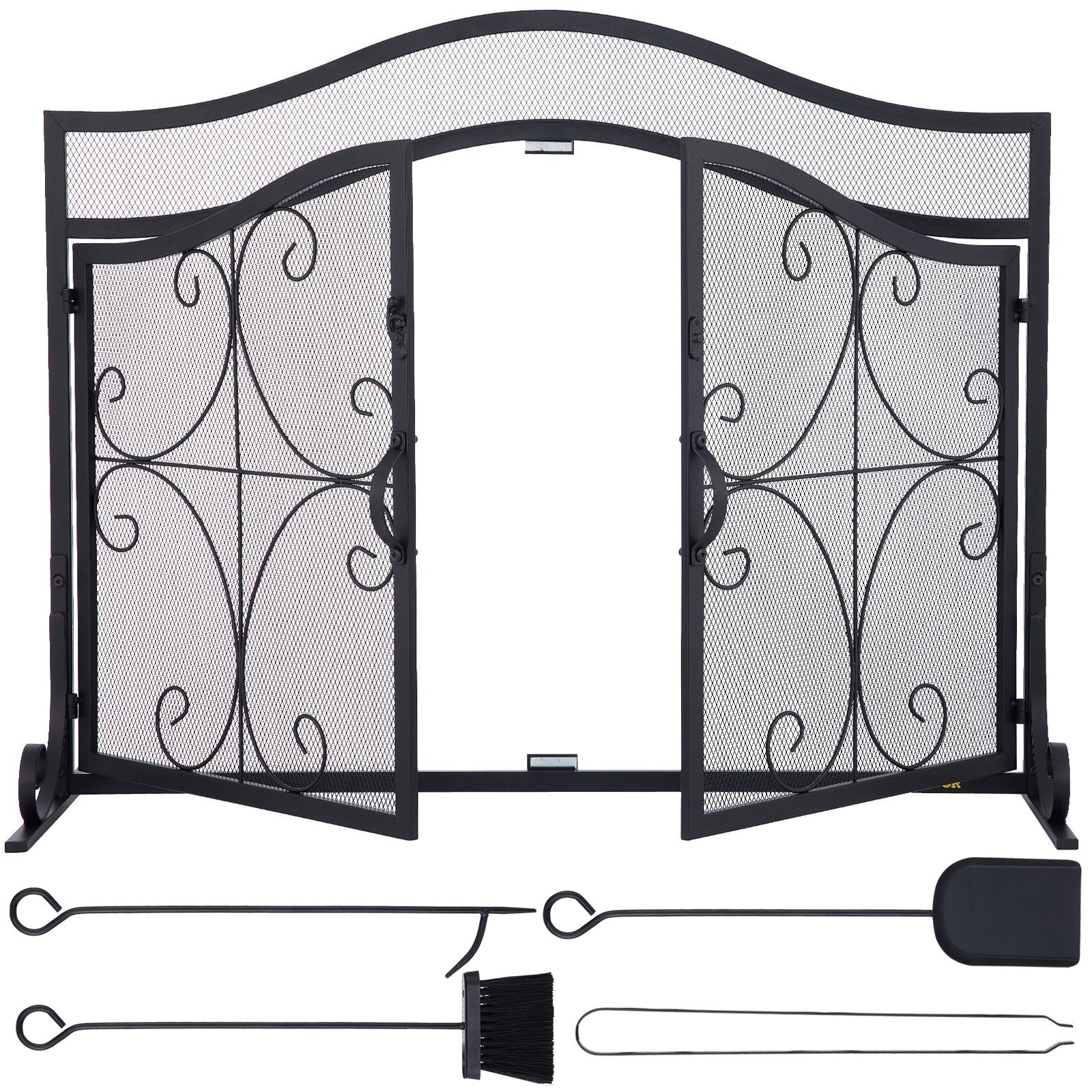 VEVOR Fireplace Screen, 39 x 26.6 Inch, Double Door Iron Freestanding Spark Guard with Support, Metal Mesh Craft, Broom Tong Shovel Poker Included for Fireplace Decoration & Protection, Black 