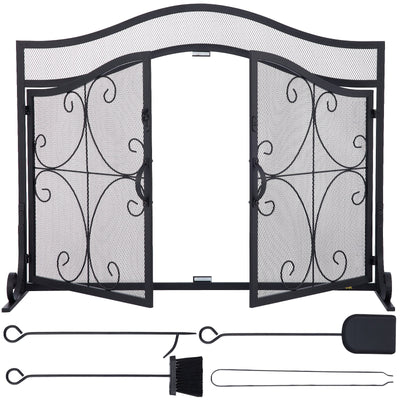 VEVOR Fireplace Screen, 39 x 26.6 Inch, Double Door Iron Freestanding Spark Guard with Support, Metal Mesh Craft, Broom Tong Shovel Poker Included for Fireplace Decoration & Protection, Black 