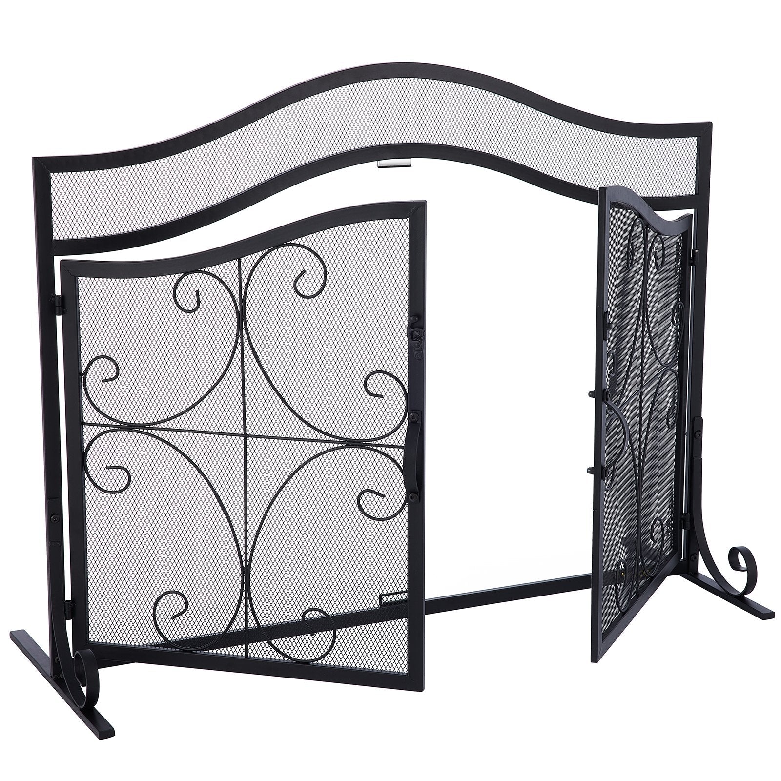 VEVOR Fireplace Screen, 39 x 26.6 Inch, Double Door Iron Freestanding Spark Guard with Support, Metal Mesh Craft, Broom Tong Shovel Poker Included for Fireplace Decoration & Protection, Black 