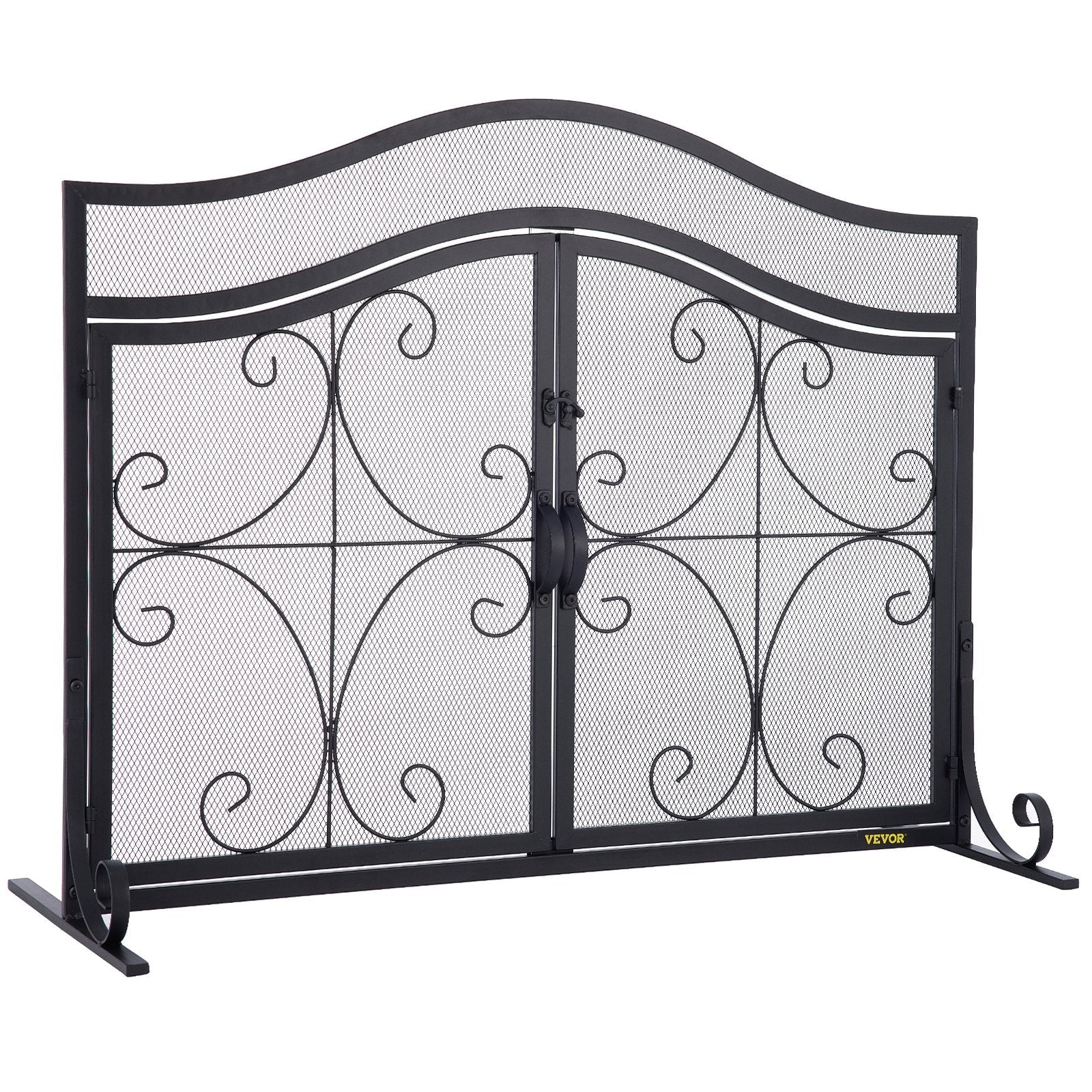VEVOR Fireplace Screen, 39 x 26.6 Inch, Double Door Iron Freestanding Spark Guard with Support, Metal Mesh Craft, Broom Tong Shovel Poker Included for Fireplace Decoration & Protection, Black 