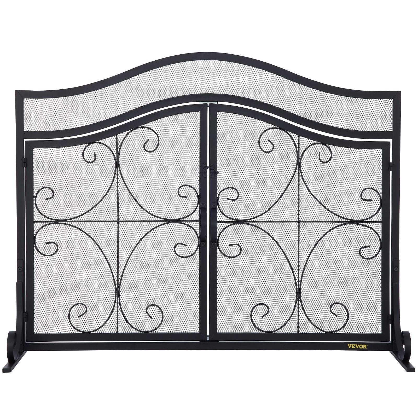 VEVOR Fireplace Screen, 39 x 26.6 Inch, Double Door Iron Freestanding Spark Guard with Support, Metal Mesh Craft, Broom Tong Shovel Poker Included for Fireplace Decoration & Protection, Black 