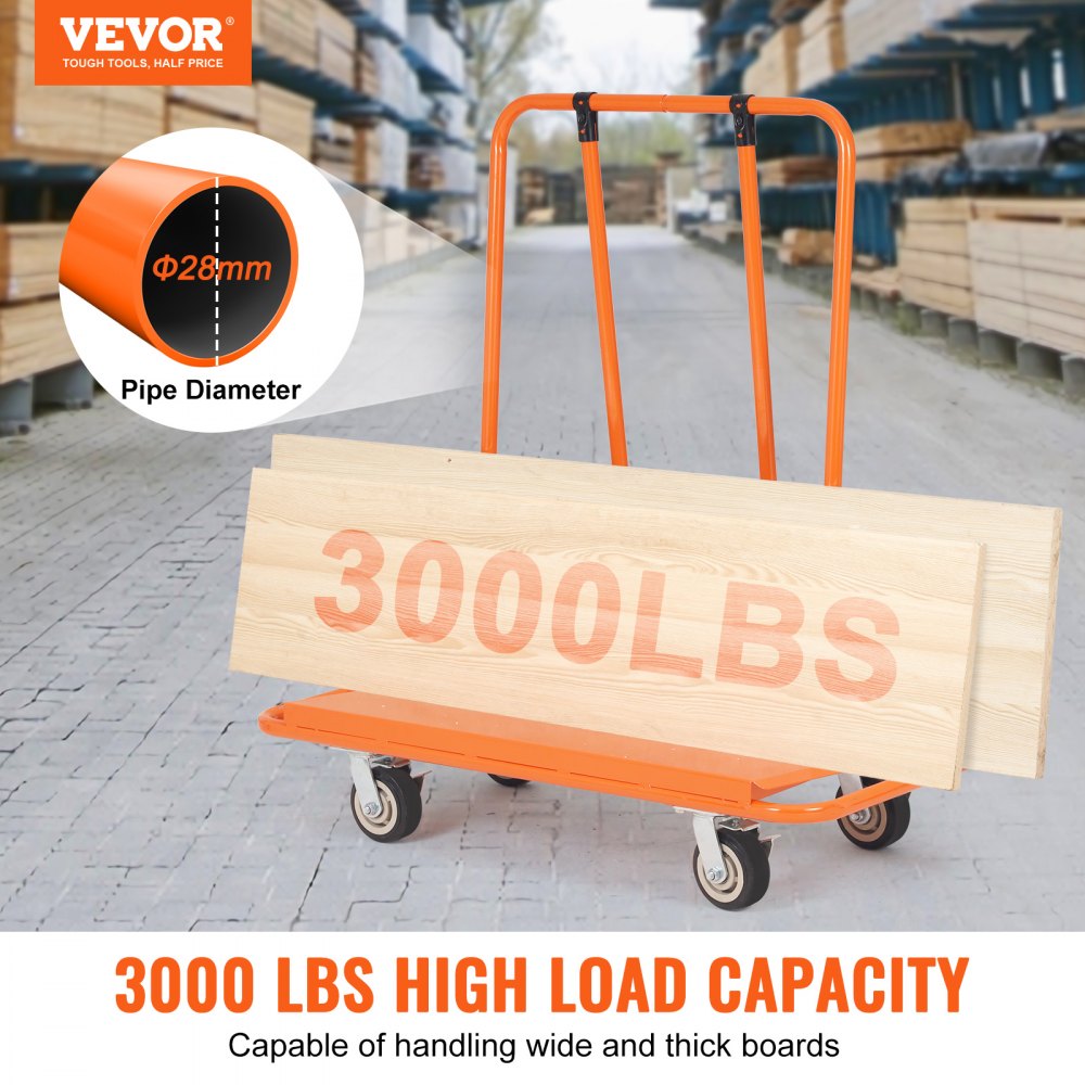VEVOR Drywall Cart, 3000 LBS Panel Dolly Cart with 45.28" x 21.8" Deck and 5" Swivel Wheels, Heavy-Duty Drywall Sheet Cart, Handling Wall Panel, Sheetrock, Lumber, for Garage, Home, Warehouse 