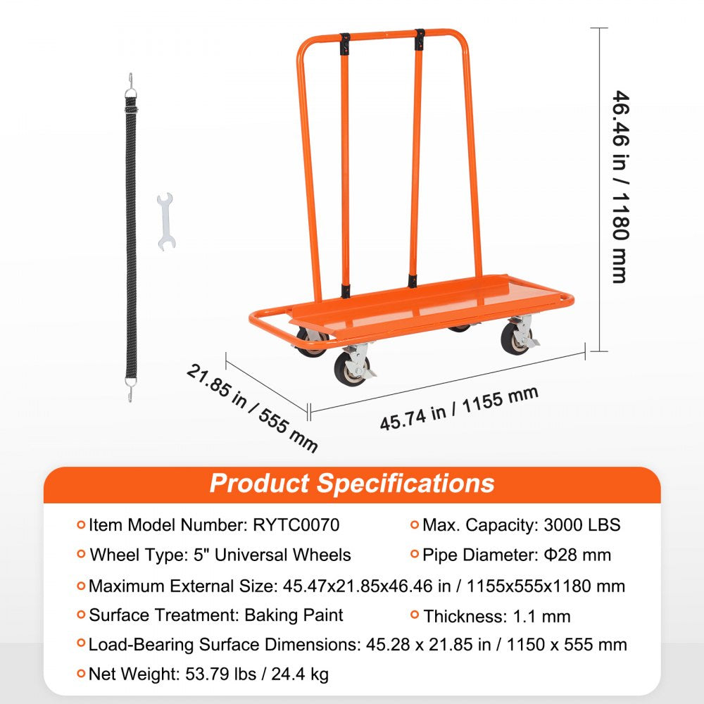 VEVOR Drywall Cart, 3000 LBS Panel Dolly Cart with 45.28" x 21.8" Deck and 5" Swivel Wheels, Heavy-Duty Drywall Sheet Cart, Handling Wall Panel, Sheetrock, Lumber, for Garage, Home, Warehouse 