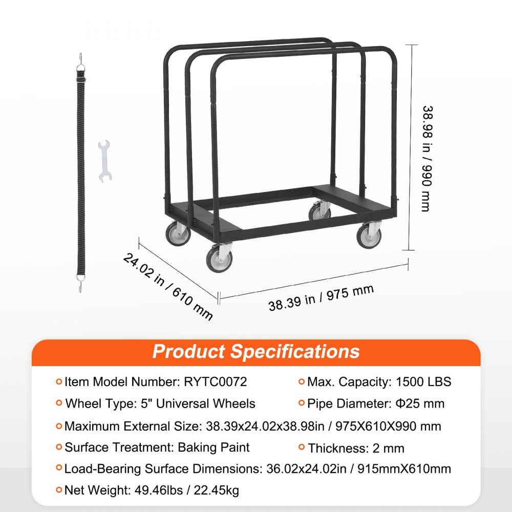 VEVOR Drywall Cart, 1500 LBS Panel Dolly Cart with 36.02" x 24.02" Deck and 5" Swivel Wheels, Heavy-Duty Drywall Sheet Cart, Handling Wall Panel, Sheetrock, Lumber, for Garage, Home, Warehouse 