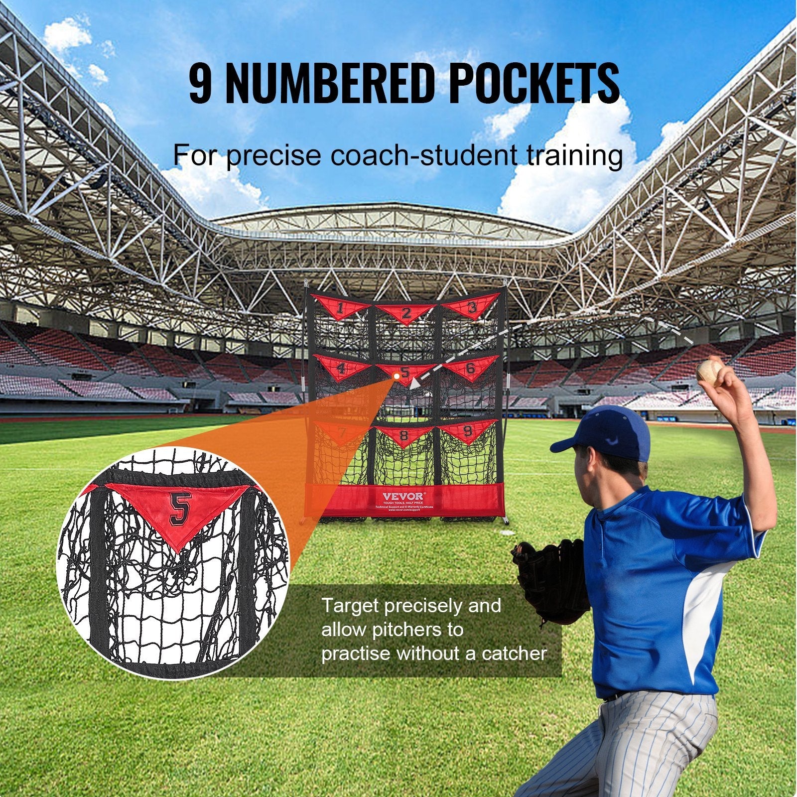 VEVOR 9 Hole Baseball Net, 36"x30" Softball Baseball Training Equipment for Hitting Pitching Practice, Portable Quick Assembly Trainer Aid with Carry Bag, Strike Zone, Ground Stakes, for Youth Adults 