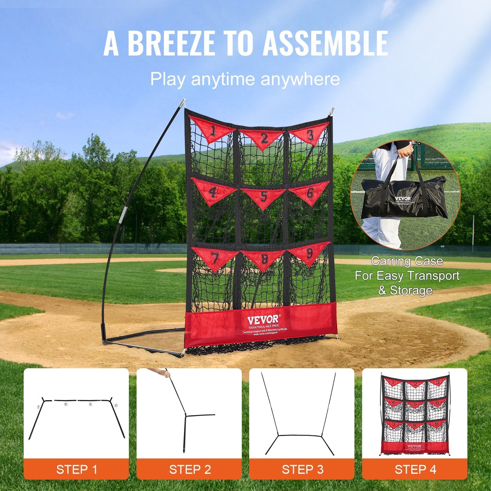 VEVOR 9 Hole Baseball Net, 36"x30" Softball Baseball Training Equipment for Hitting Pitching Practice, Portable Quick Assembly Trainer Aid with Carry Bag, Strike Zone, Ground Stakes, for Youth Adults 