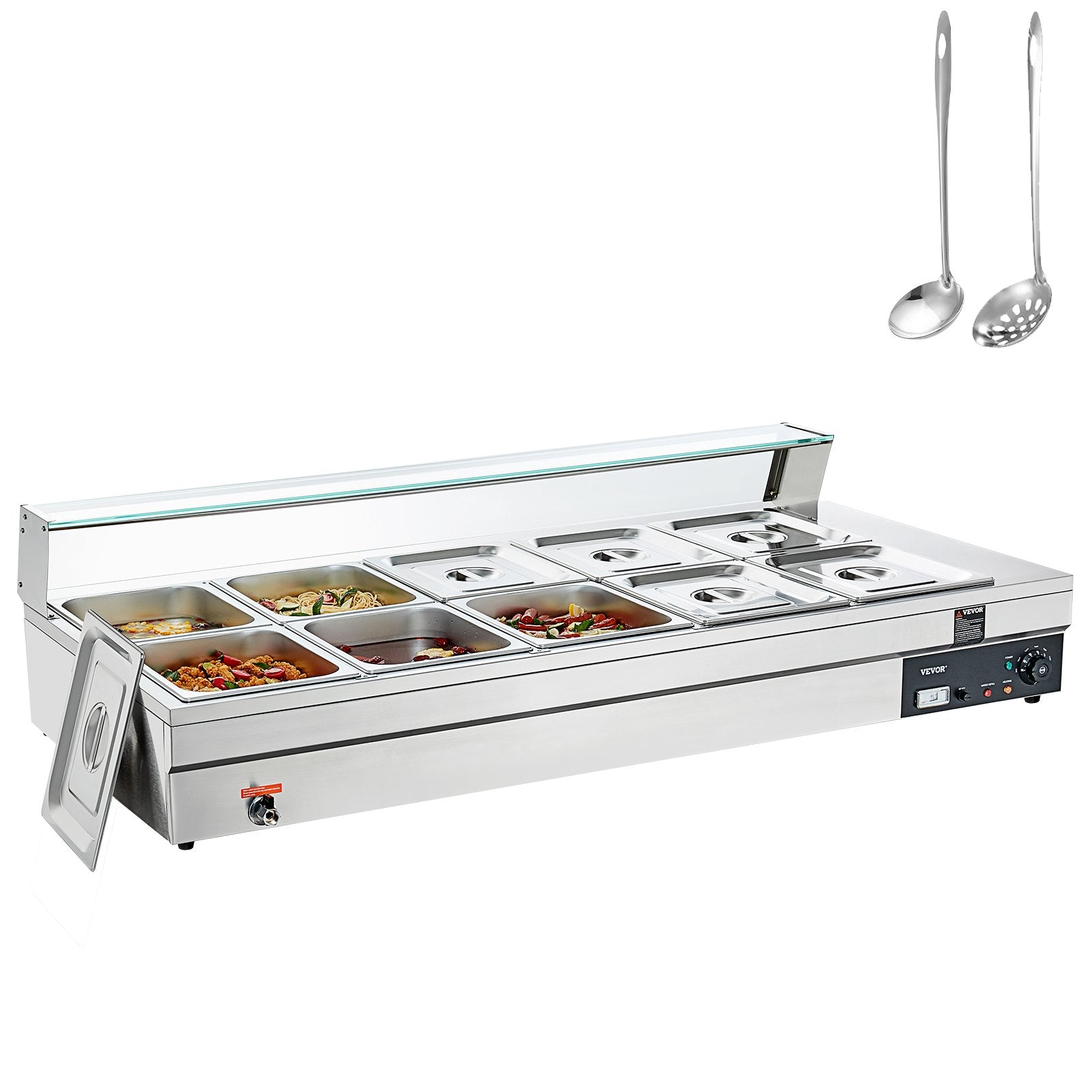 VEVOR 10-Pan Commercial Food Warmer, 10 x 12QT Electric Steam Table with Tempered Glass Cover, 1800W Countertop Stainless Steel Buffet Bain Marie 86-185°F Temp Control for Catering, Restaurant, Silver 
