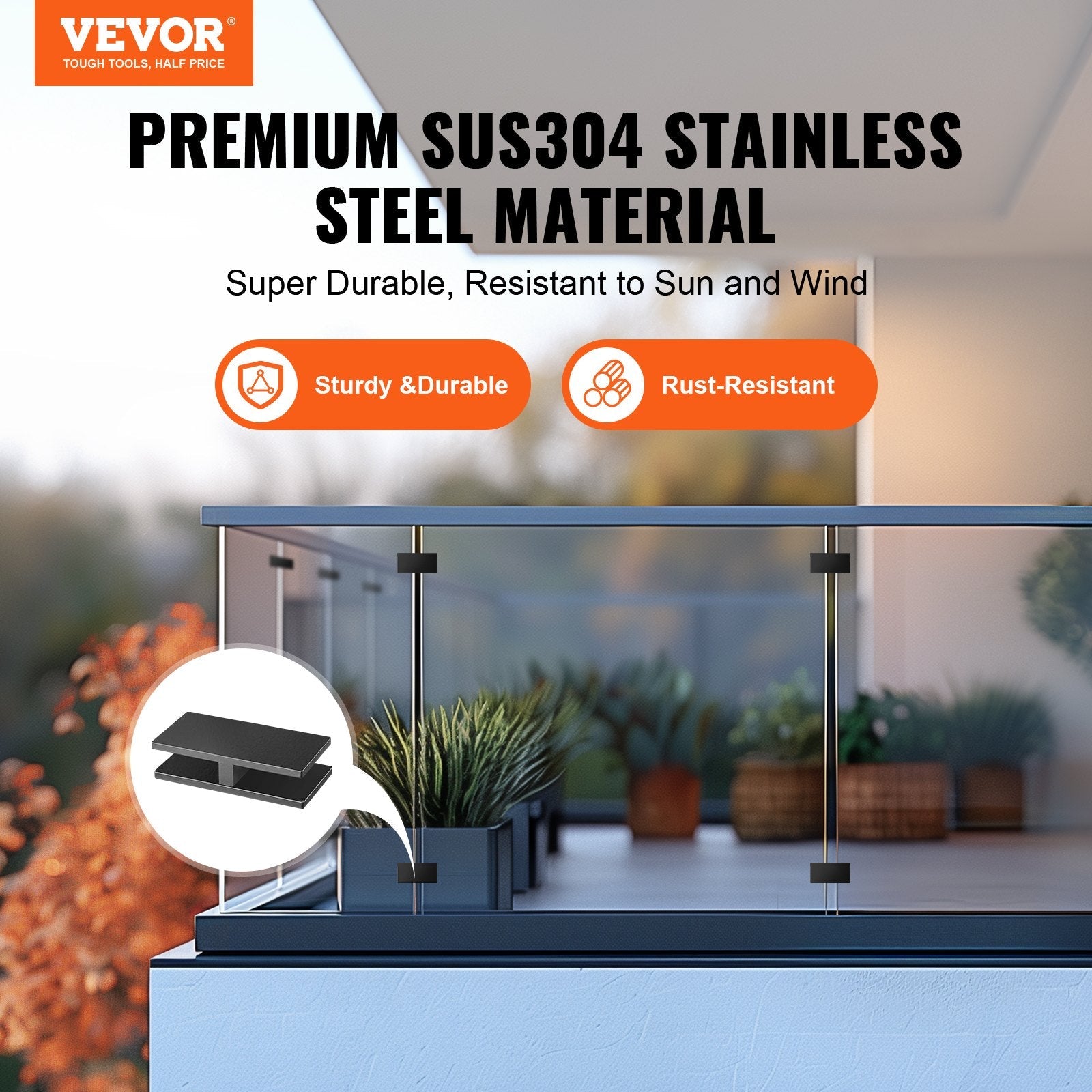 VEVOR Glass Clamp, 4 PCS Rectangle Glass Railing Bracket for 0.31 "-0.47 " Tempered Glass, 304 Stainless Steel Glass Mounting Clamp, 0.2” Thick Glass Shelf Bracket for Balcony, Garden, Pool, Stair 