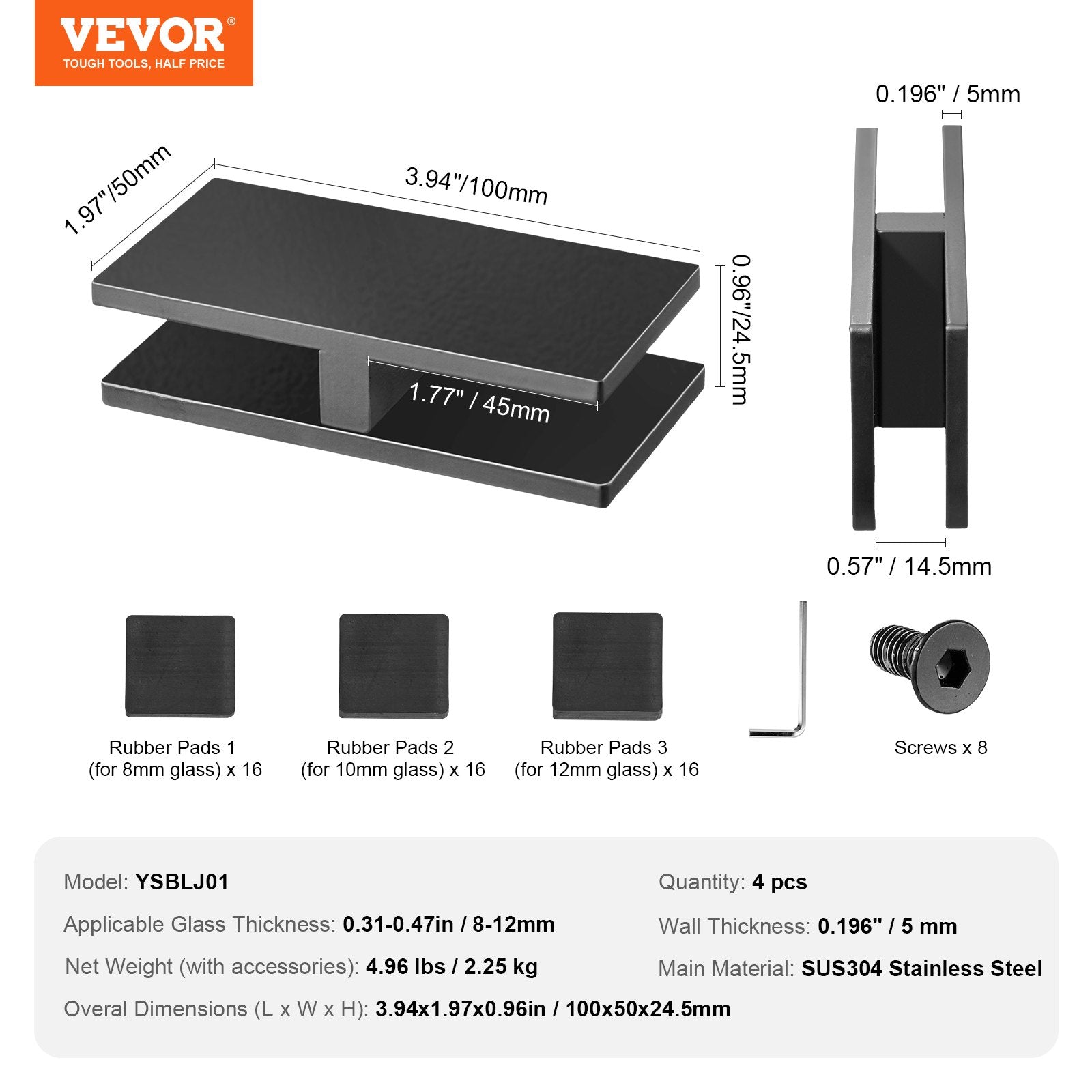 VEVOR Glass Clamp, 4 PCS Rectangle Glass Railing Bracket for 0.31 "-0.47 " Tempered Glass, 304 Stainless Steel Glass Mounting Clamp, 0.2” Thick Glass Shelf Bracket for Balcony, Garden, Pool, Stair 
