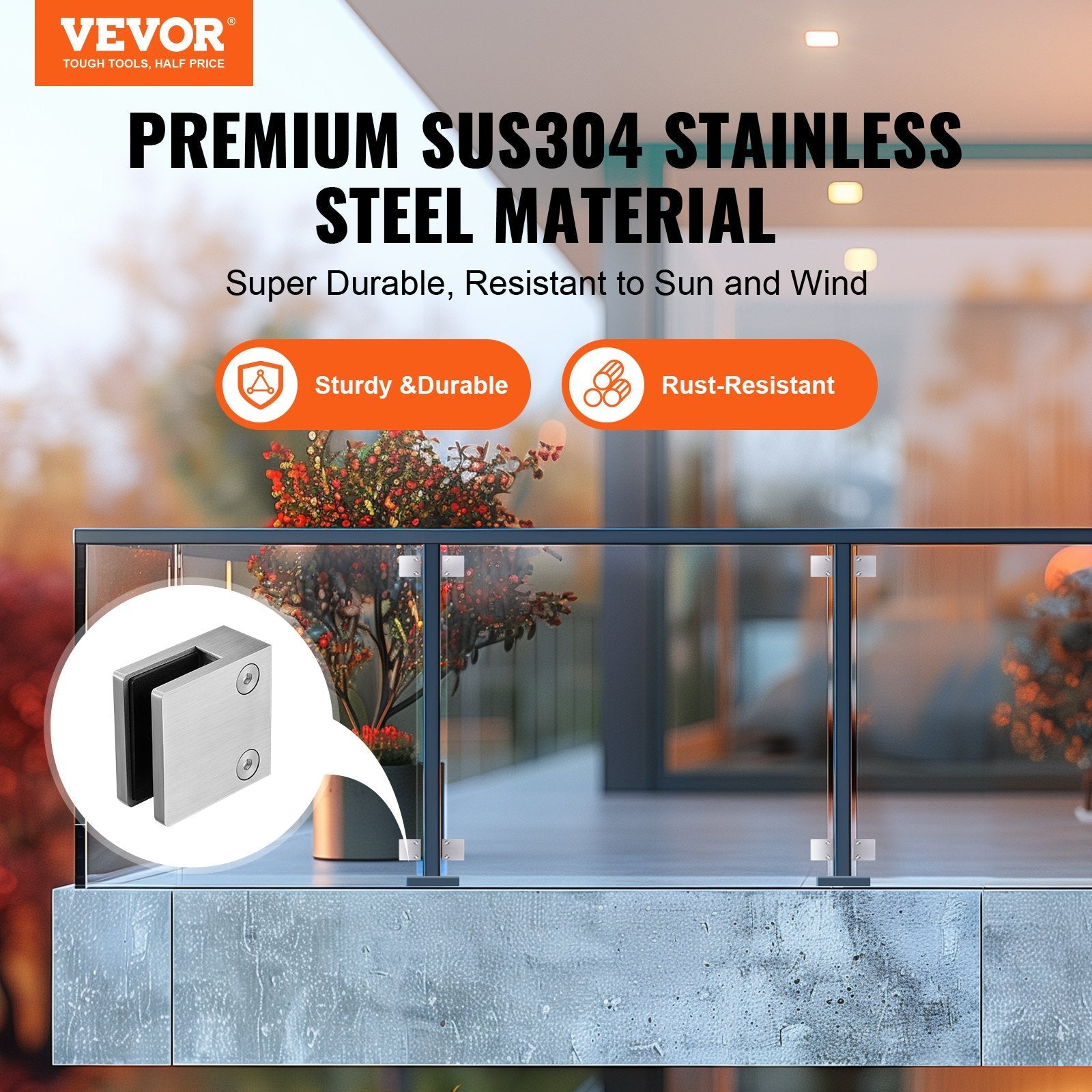 VEVOR Glass Clamp, 4 PCS Square Glass Railing Bracket for 0.31 "-0.47 " Tempered Glass, 304 Stainless Steel Glass Mounting Clamp, Glass Shelf Bracket for Balcony, Garden, Pool, Stair, Silver 