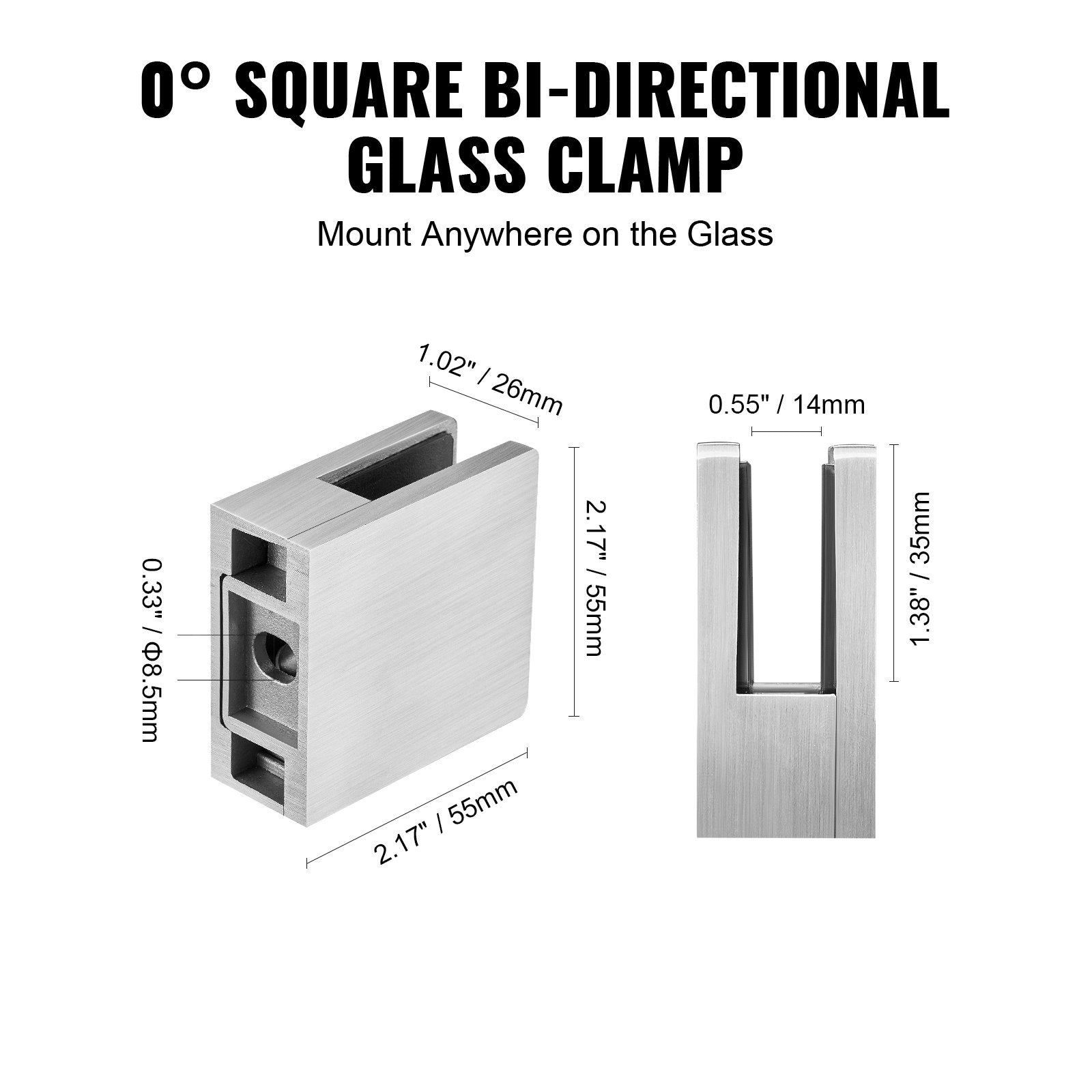 VEVOR Glass Clamp, 4 PCS Square Glass Railing Bracket for 0.31 "-0.47 " Tempered Glass, 304 Stainless Steel Glass Mounting Clamp, Glass Shelf Bracket for Balcony, Garden, Pool, Stair, Silver 