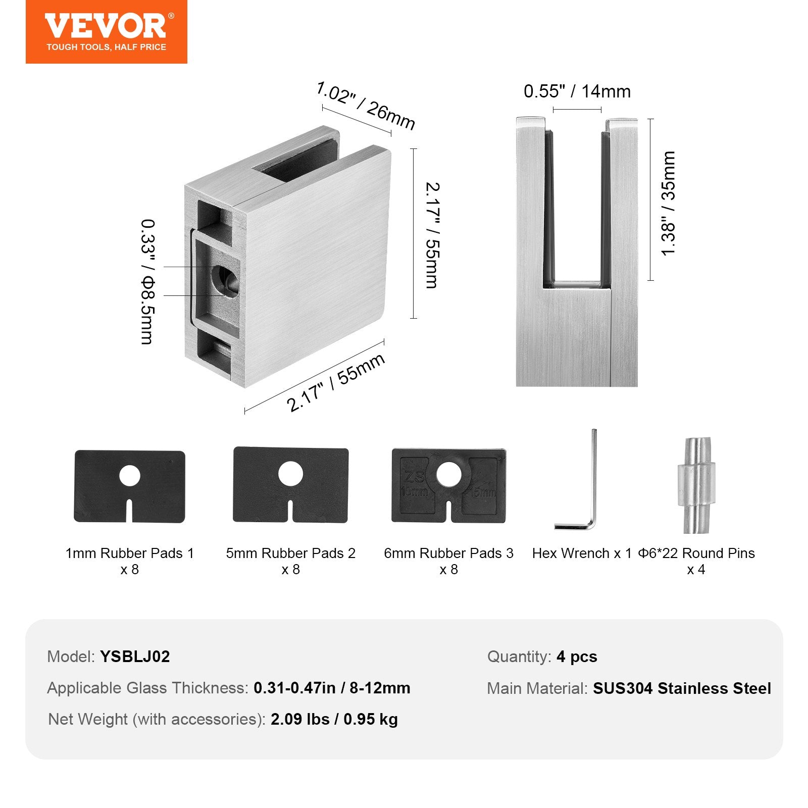 VEVOR Glass Clamp, 4 PCS Square Glass Railing Bracket for 0.31 "-0.47 " Tempered Glass, 304 Stainless Steel Glass Mounting Clamp, Glass Shelf Bracket for Balcony, Garden, Pool, Stair, Silver 