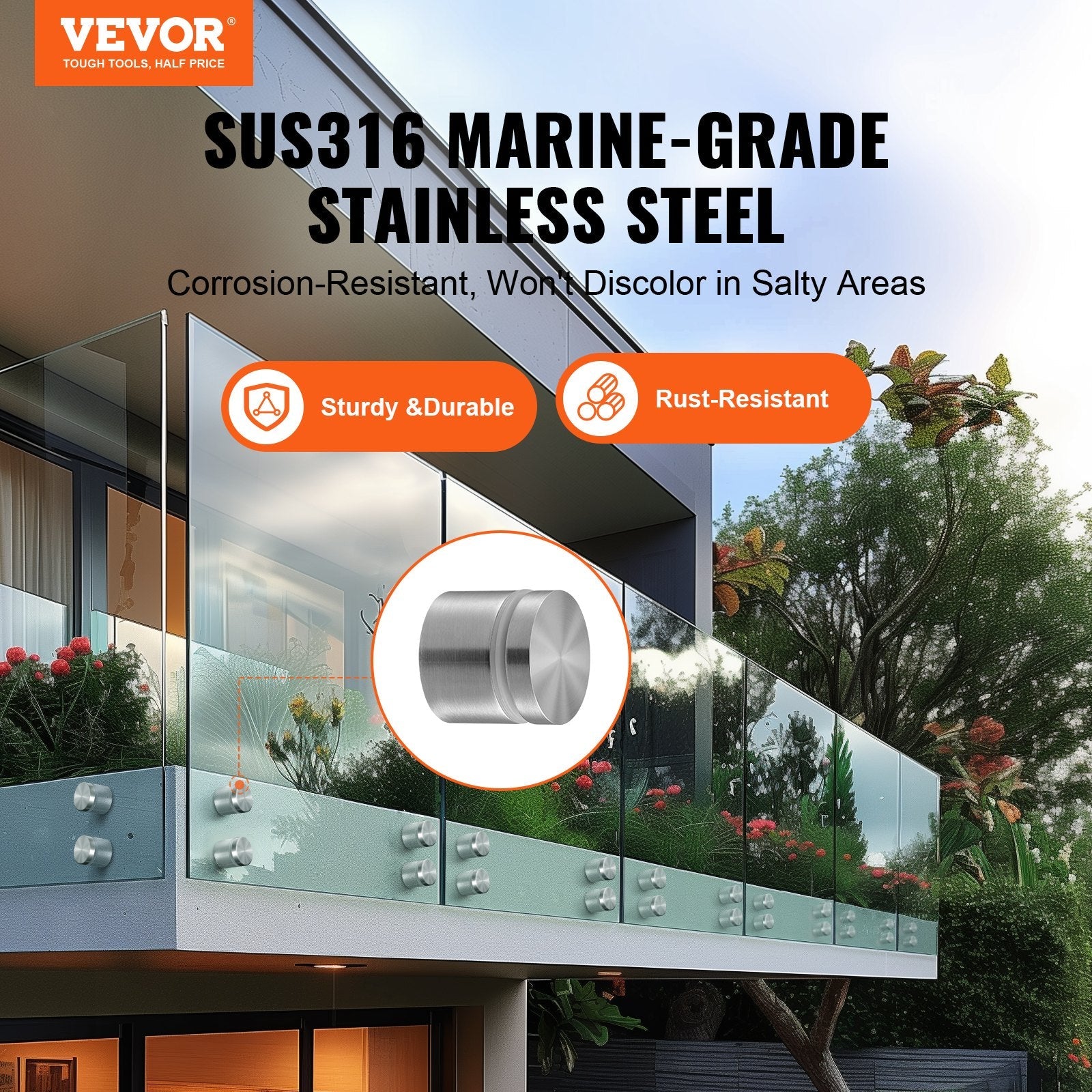 VEVOR Glass Clamp, 10 PCS Round Glass Railing Bracket for 0.31 "-0.62 " Tempered Glass, 316 Stainless Steel Glass Mounting Clamp, Glass Shelf Bracket for Balcony, Garden, Pool, Stair, Silver 