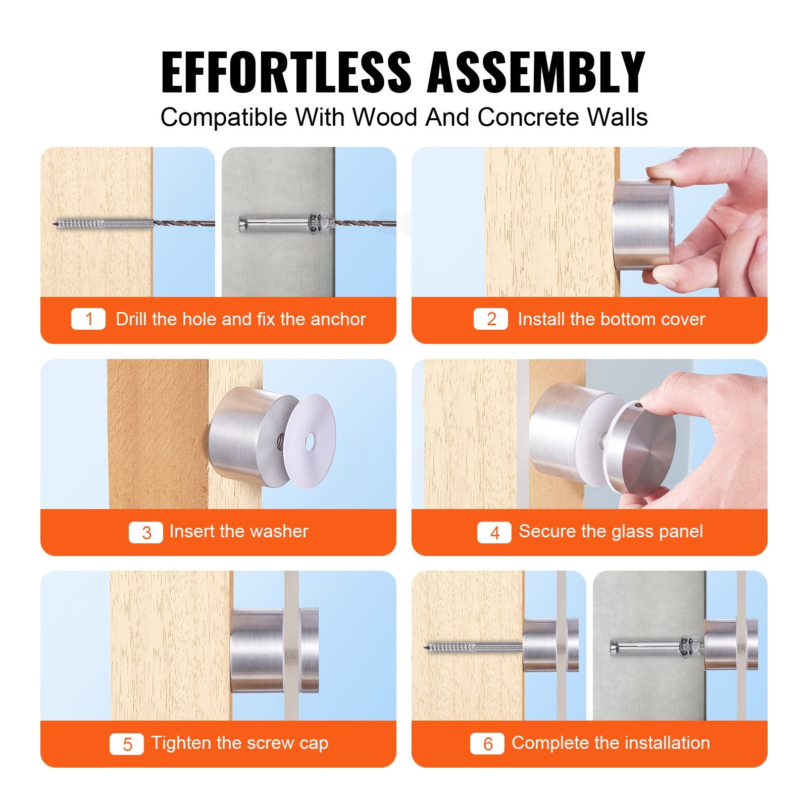 VEVOR Glass Clamp, 10 PCS Round Glass Railing Bracket for 0.31 "-0.62 " Tempered Glass, 316 Stainless Steel Glass Mounting Clamp, Glass Shelf Bracket for Balcony, Garden, Pool, Stair, Silver 