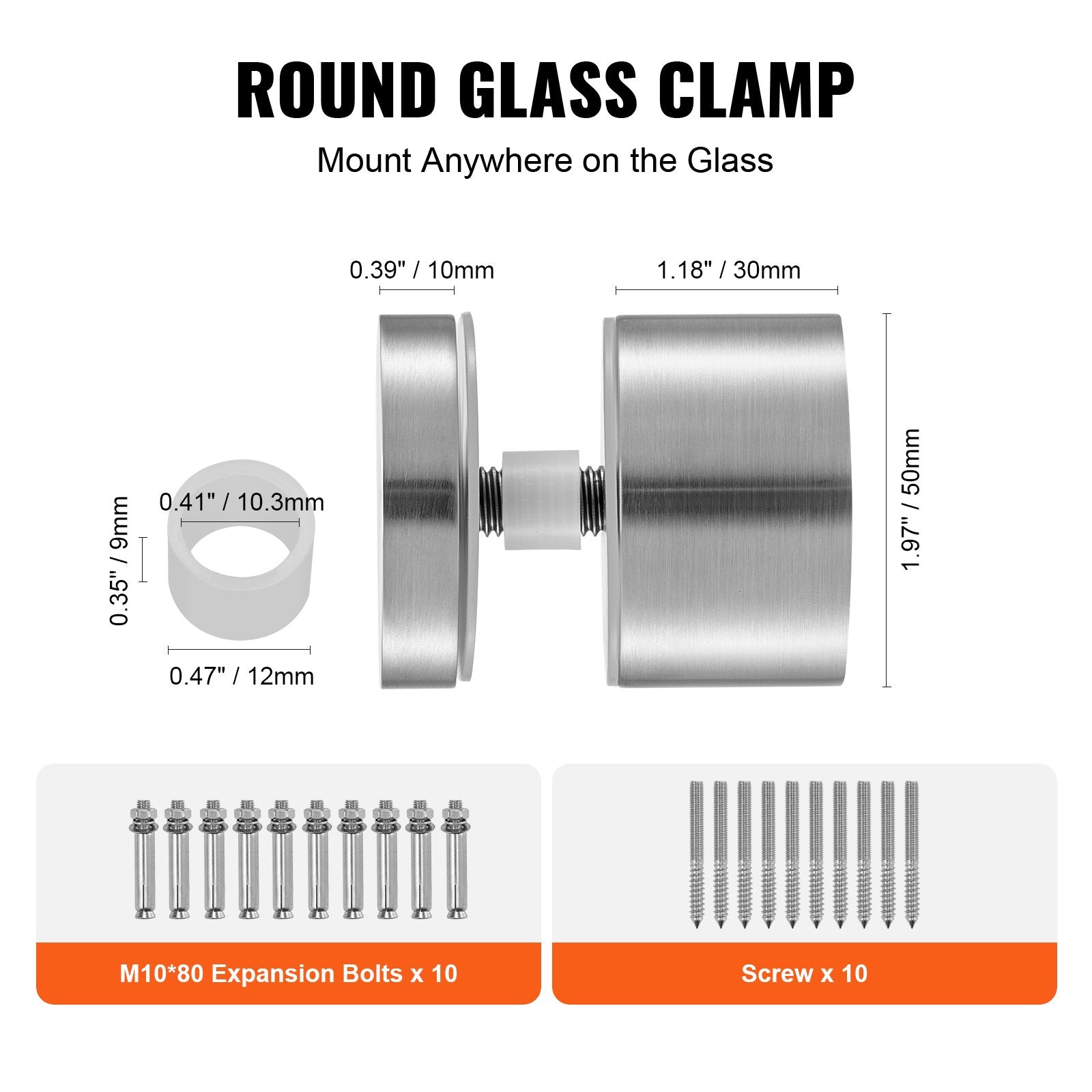 VEVOR Glass Clamp, 10 PCS Round Glass Railing Bracket for 0.31 "-0.62 " Tempered Glass, 316 Stainless Steel Glass Mounting Clamp, Glass Shelf Bracket for Balcony, Garden, Pool, Stair, Silver 