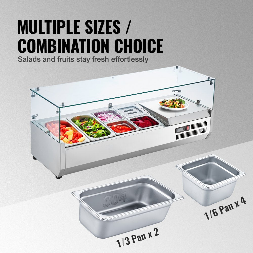 VEVOR Refrigerated Condiment Prep Station, 135 W Countertop Refrigerated Condiment Station, with 2 1/3 Pans & 4 1/6 Pans, 304 Stainless Body and PC Lid, Sandwich Prep Table with Glass Guard, ETL 