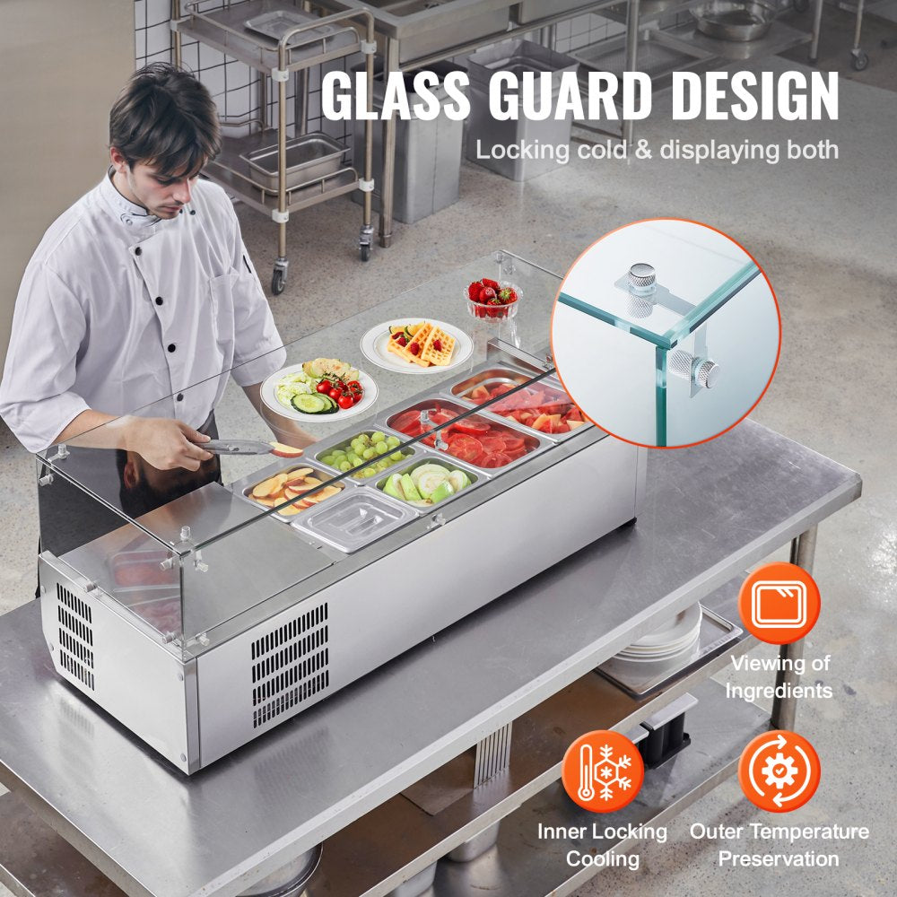 VEVOR Refrigerated Condiment Prep Station, 135 W Countertop Refrigerated Condiment Station, with 2 1/3 Pans & 4 1/6 Pans, 304 Stainless Body and PC Lid, Sandwich Prep Table with Glass Guard, ETL 