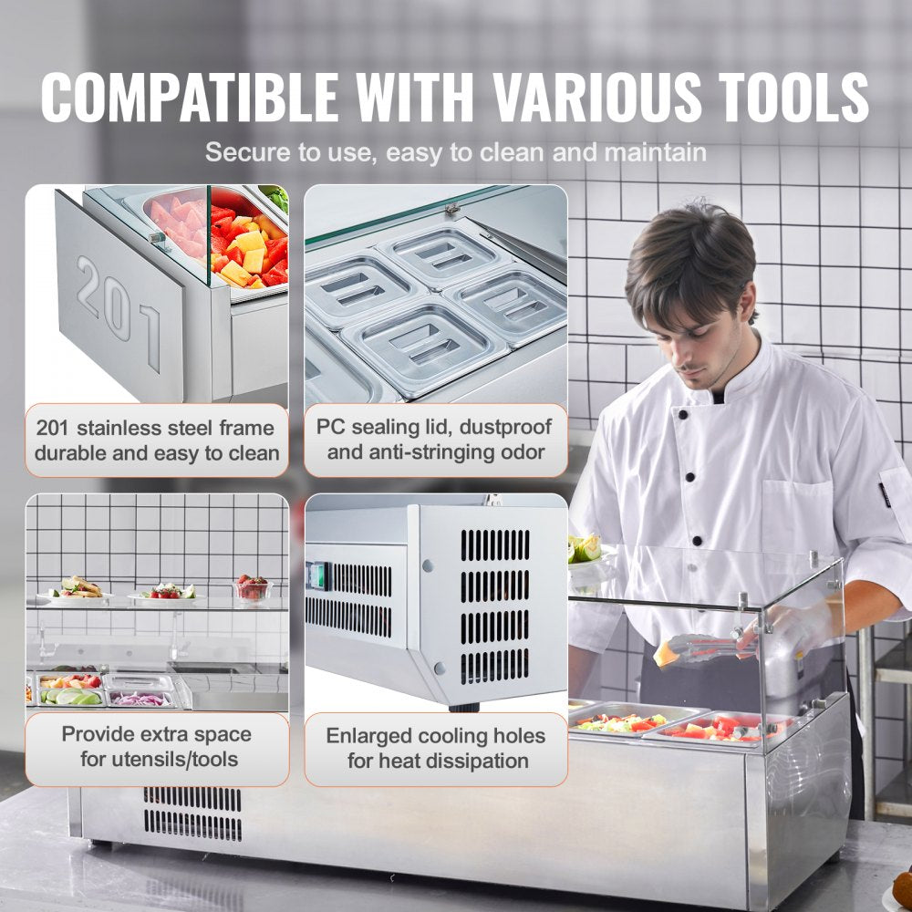 VEVOR Refrigerated Condiment Prep Station, 135 W Countertop Refrigerated Condiment Station, with 2 1/3 Pans & 4 1/6 Pans, 304 Stainless Body and PC Lid, Sandwich Prep Table with Glass Guard, ETL 